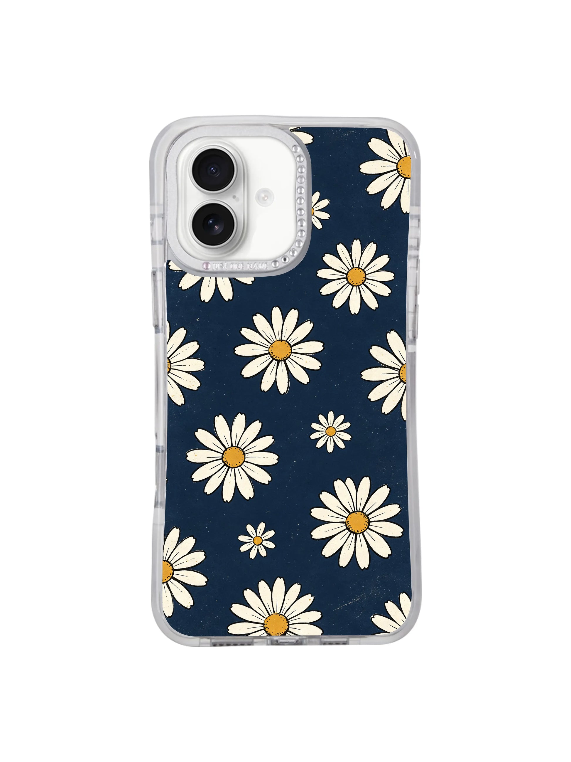 Flat spec hourglass shaped iPhone 17 casing from PhoneCasing, Retro Navy Daisy Wallpaper timeless floral print with full front and side profile layout built for iPhone 17.