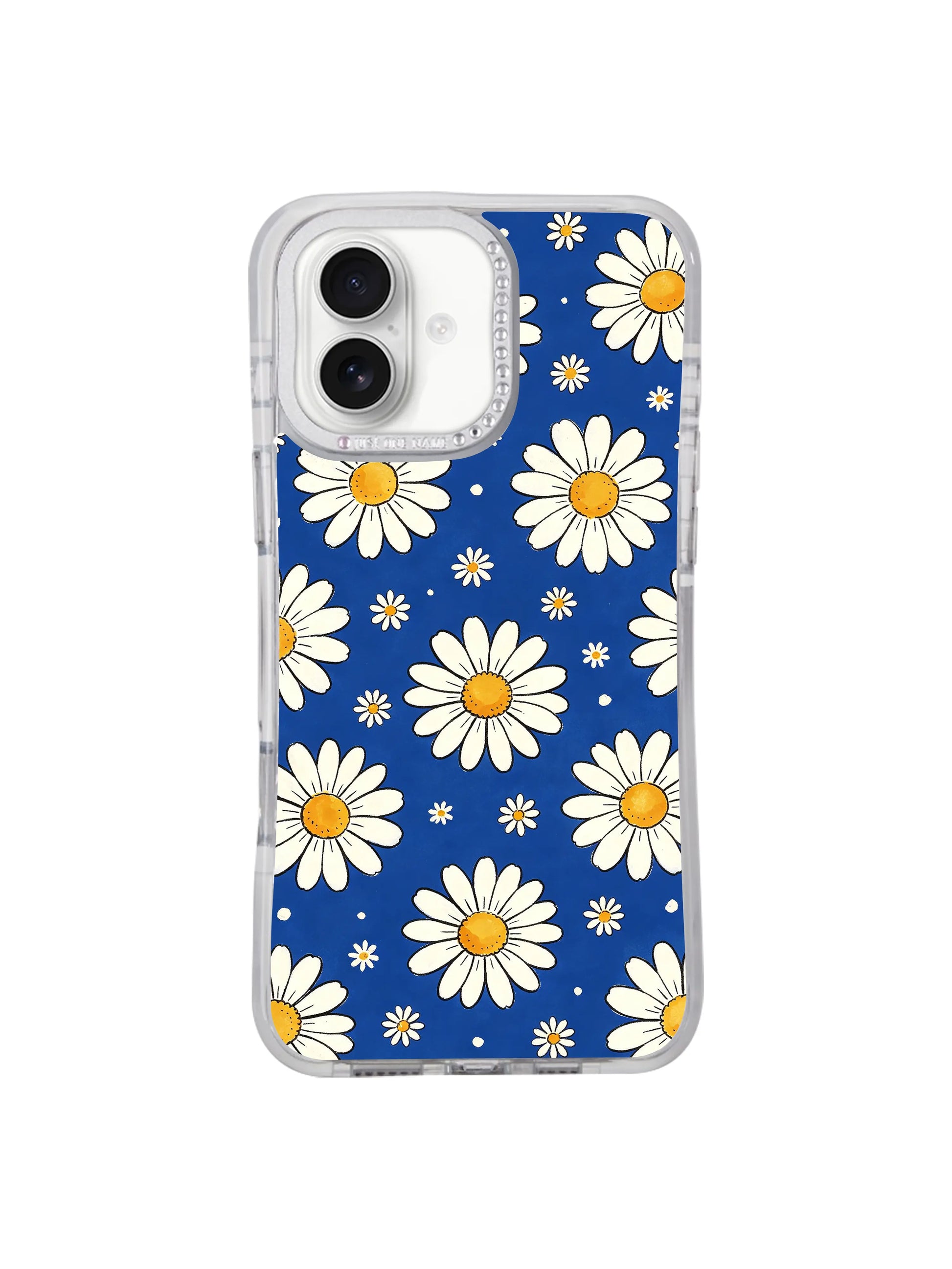 Minimal white isolated studio display Blue Big Small Daisy Rhythm iPhone 17 casing, full transparent bumper upbeat balanced floral cover sold exclusively via PhoneCasing iPhone 17 collection.
