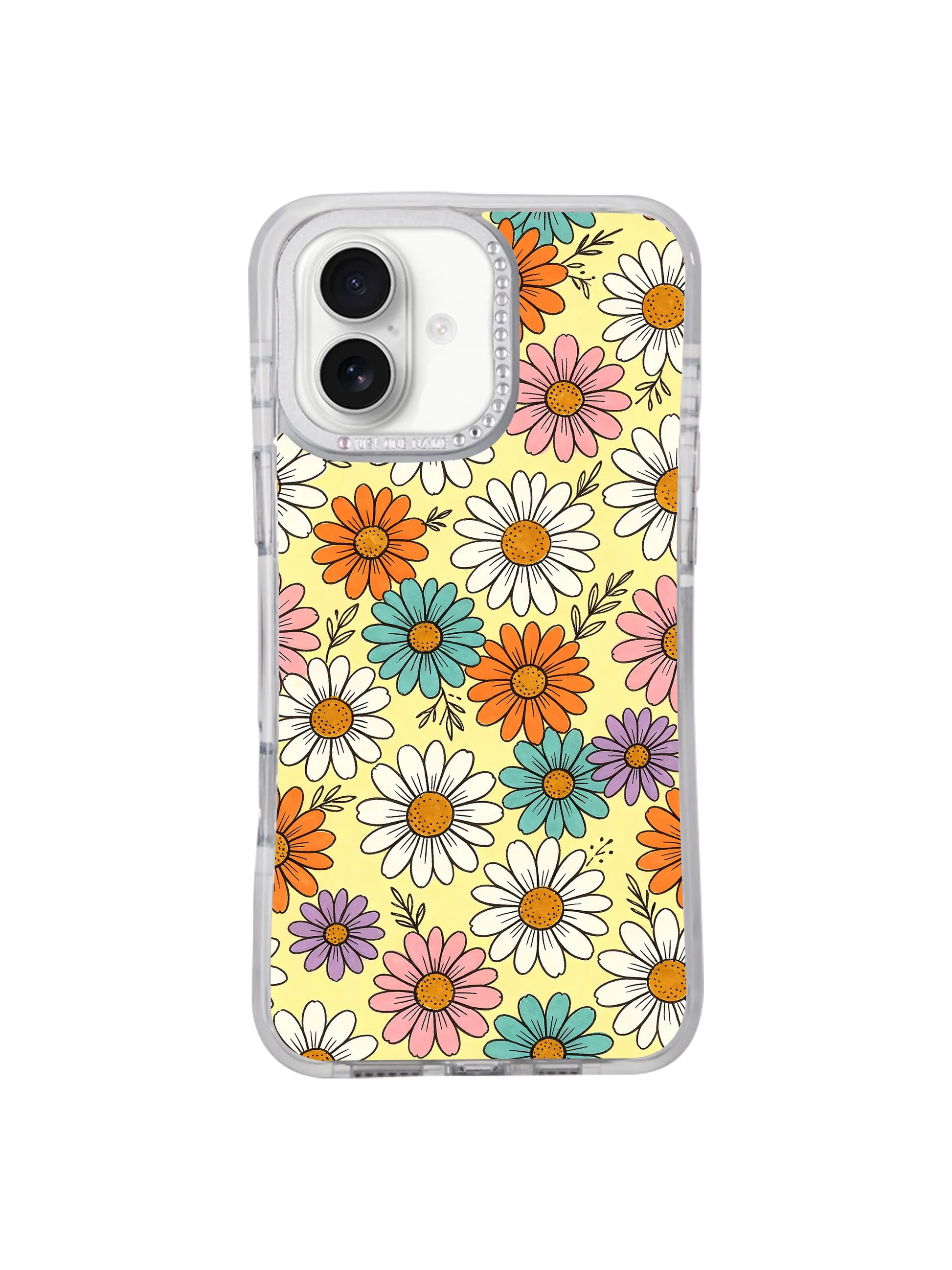 Minimal white isolated studio display Buttercream Color Bloom iPhone 17 casing, full transparent bumper bright cheerful multicolor floral cover sold exclusively via PhoneCasing iPhone 17 collection.