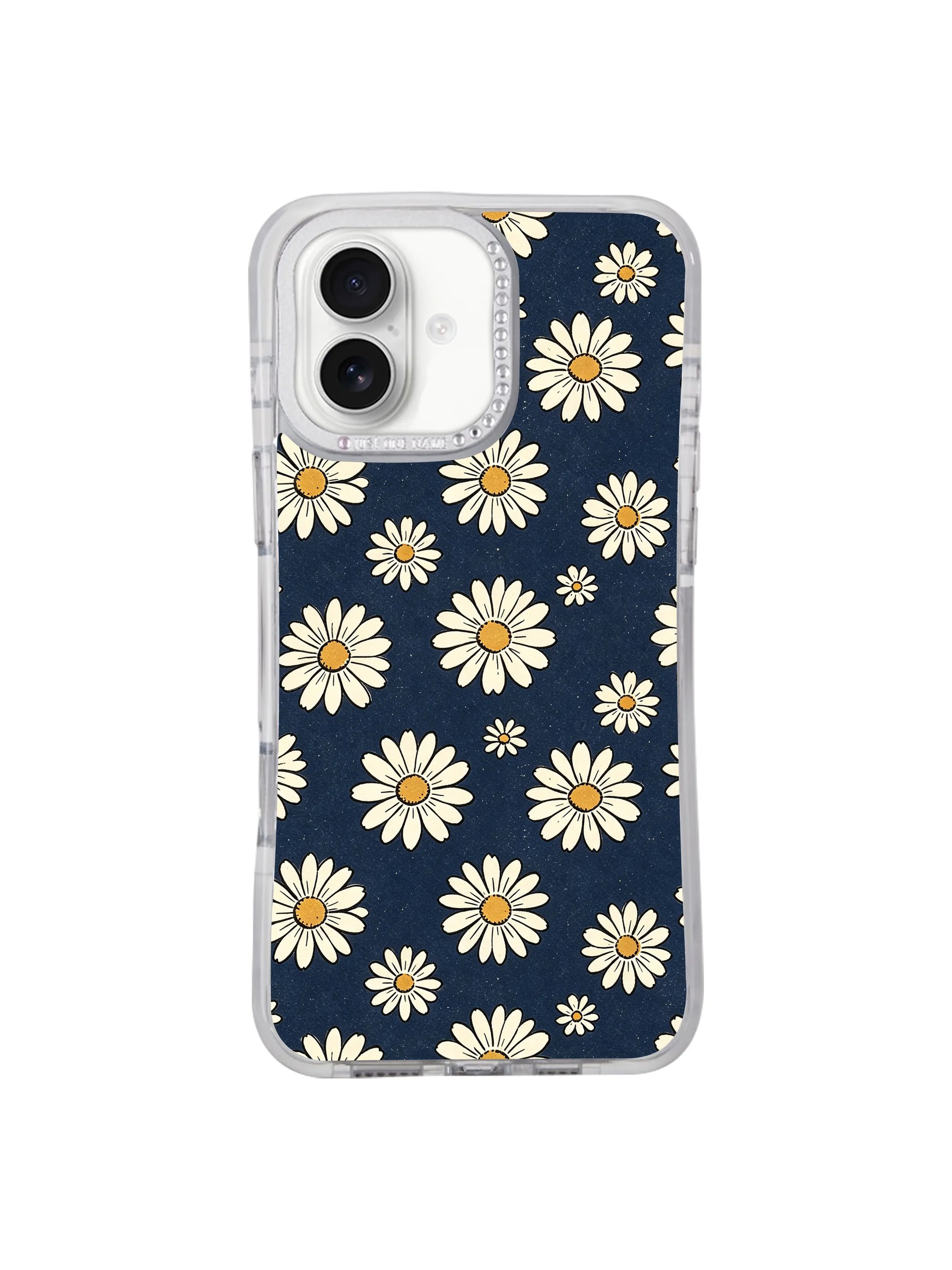Minimal white background isolated studio shot Retro Navy Daisy Wallpaper iPhone 17 casing, full clear transparent frame wearable art cover from PhoneCasing iPhone 17 lineup.