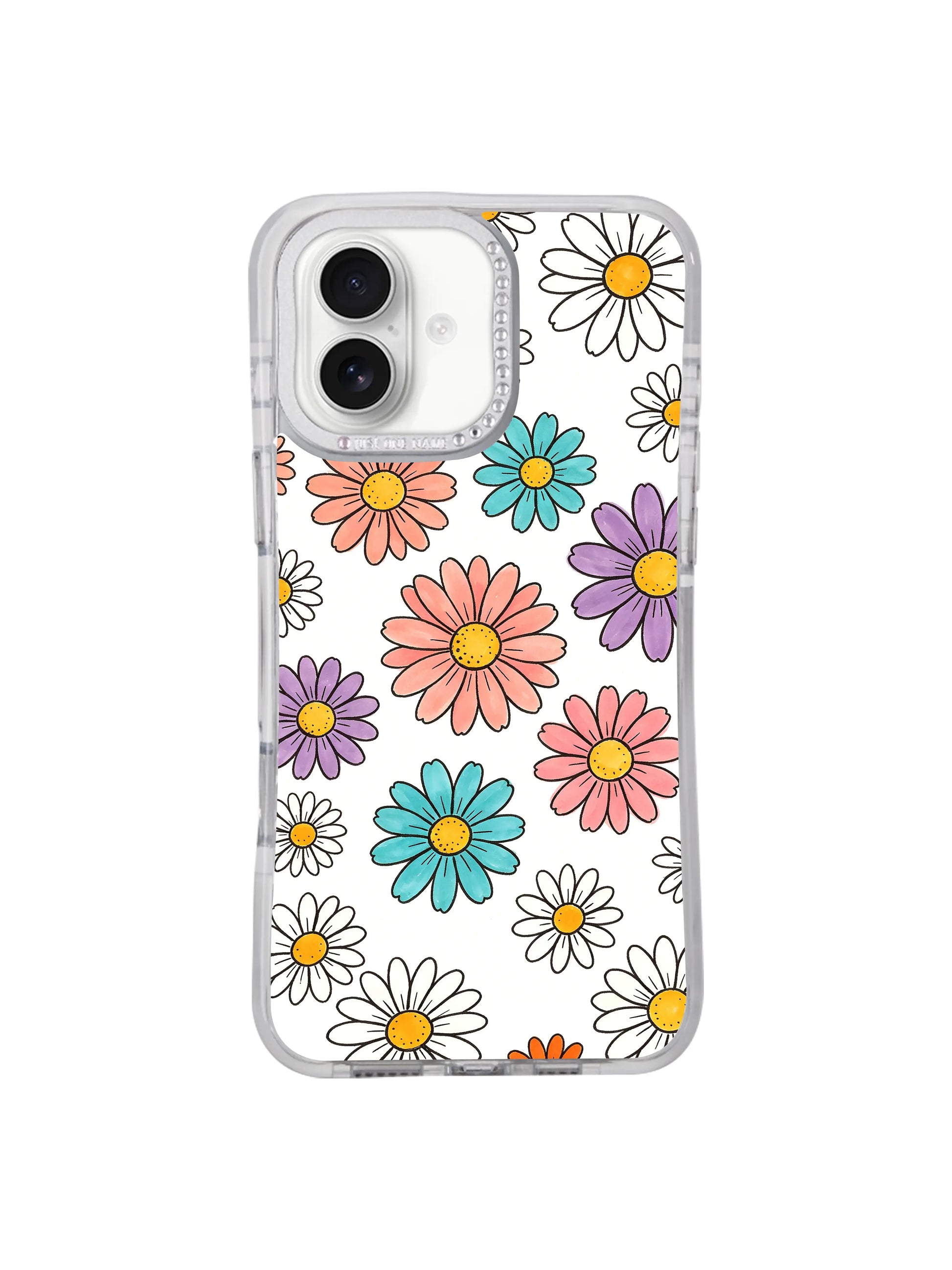 Minimal pure white isolated studio display Color Daisy Rain iPhone 17 casing, full transparent frame light uncluttered multicolor daisy cover sold exclusively via PhoneCasing iPhone 17 collection.