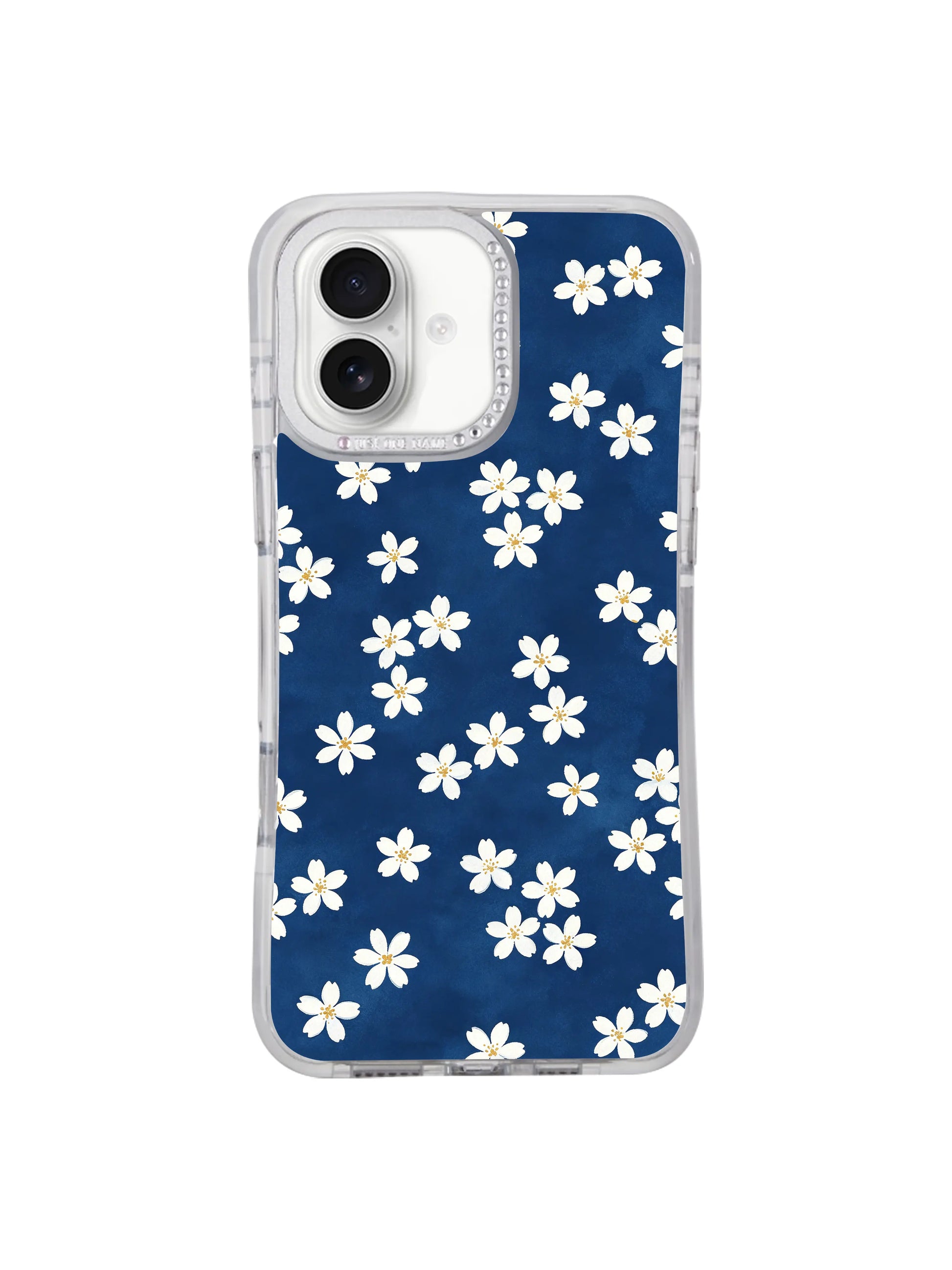 Street lifestyle handheld shot Deep Sea Little Daisies iPhone 17 casing from PhoneCasing, calm minimalist tiny daisy women’s daily accessory designed for iPhone 17 all-day carry.