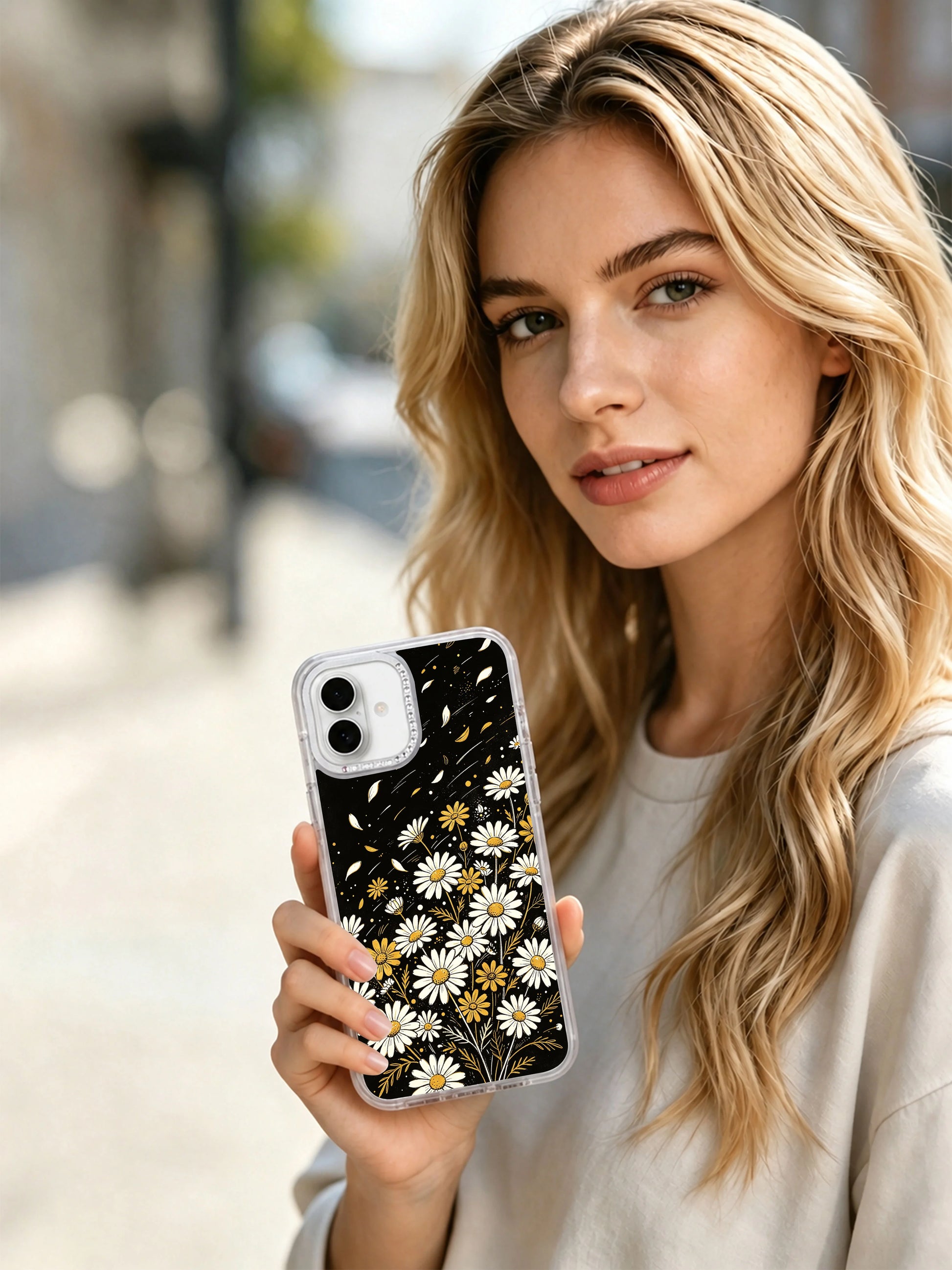 Pattern detail closeup free-flow organic daisy blooms & tiny budding flowers with subtle golden glow Night Bloom Dots iPhone 17 casing, bold non-sweet dark floral style illustrated by Solea Meadow for PhoneCasing iPhone 17.