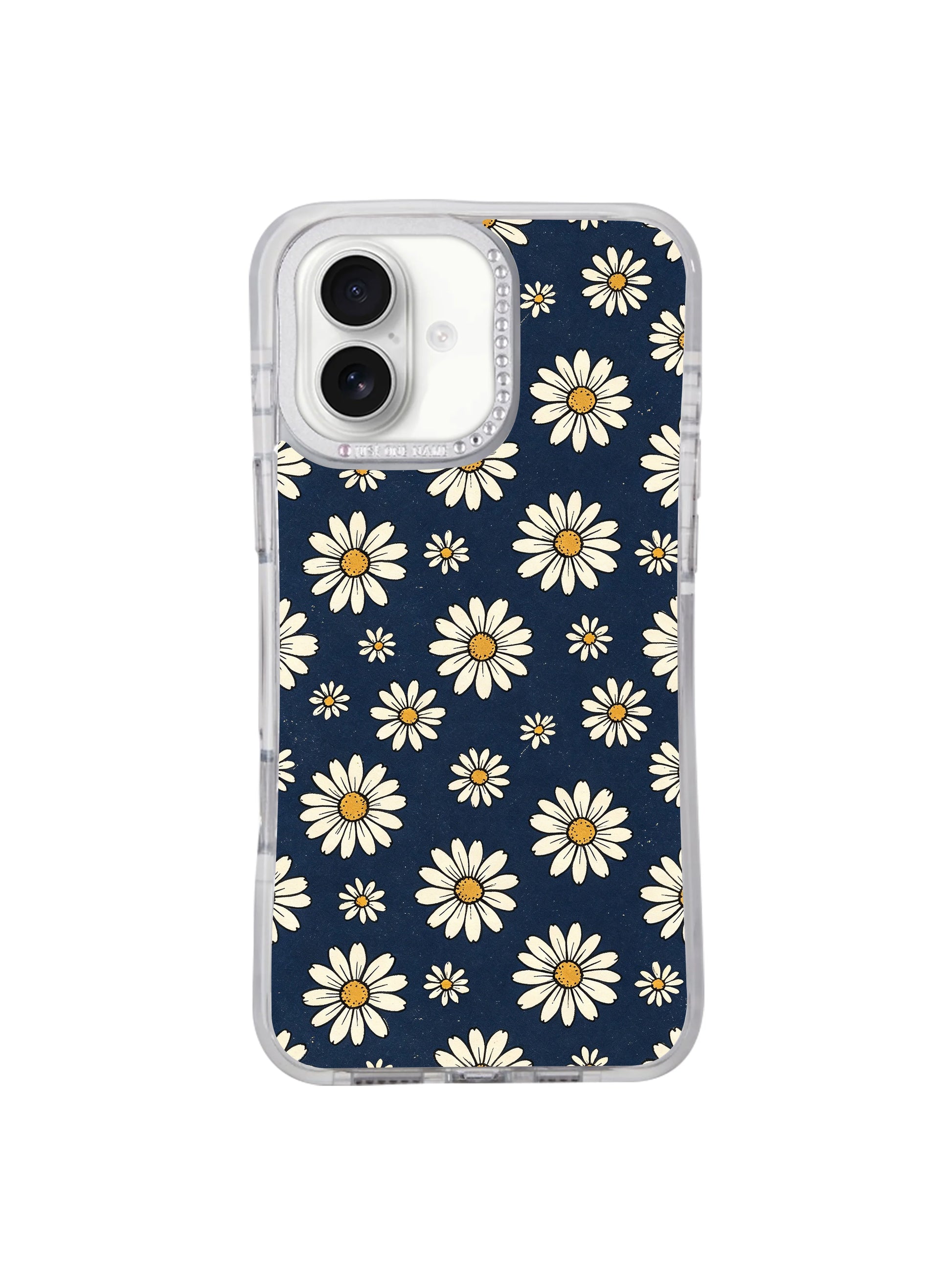 3/4 angled MagSafe compatible Retro Navy Daisy Wallpaper iPhone 17 casing, fade-resistant archival ink vintage daisy print durable PhoneCasing case for iPhone 17.