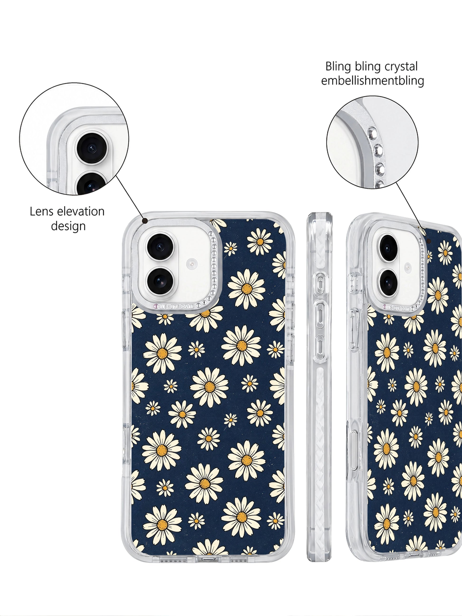 Minimalist mature women’s daily accessory Retro Navy Daisy Wallpaper iPhone 17 casing, quiet reliable vintage daisy design lightweight PhoneCasing protective case for iPhone 17.