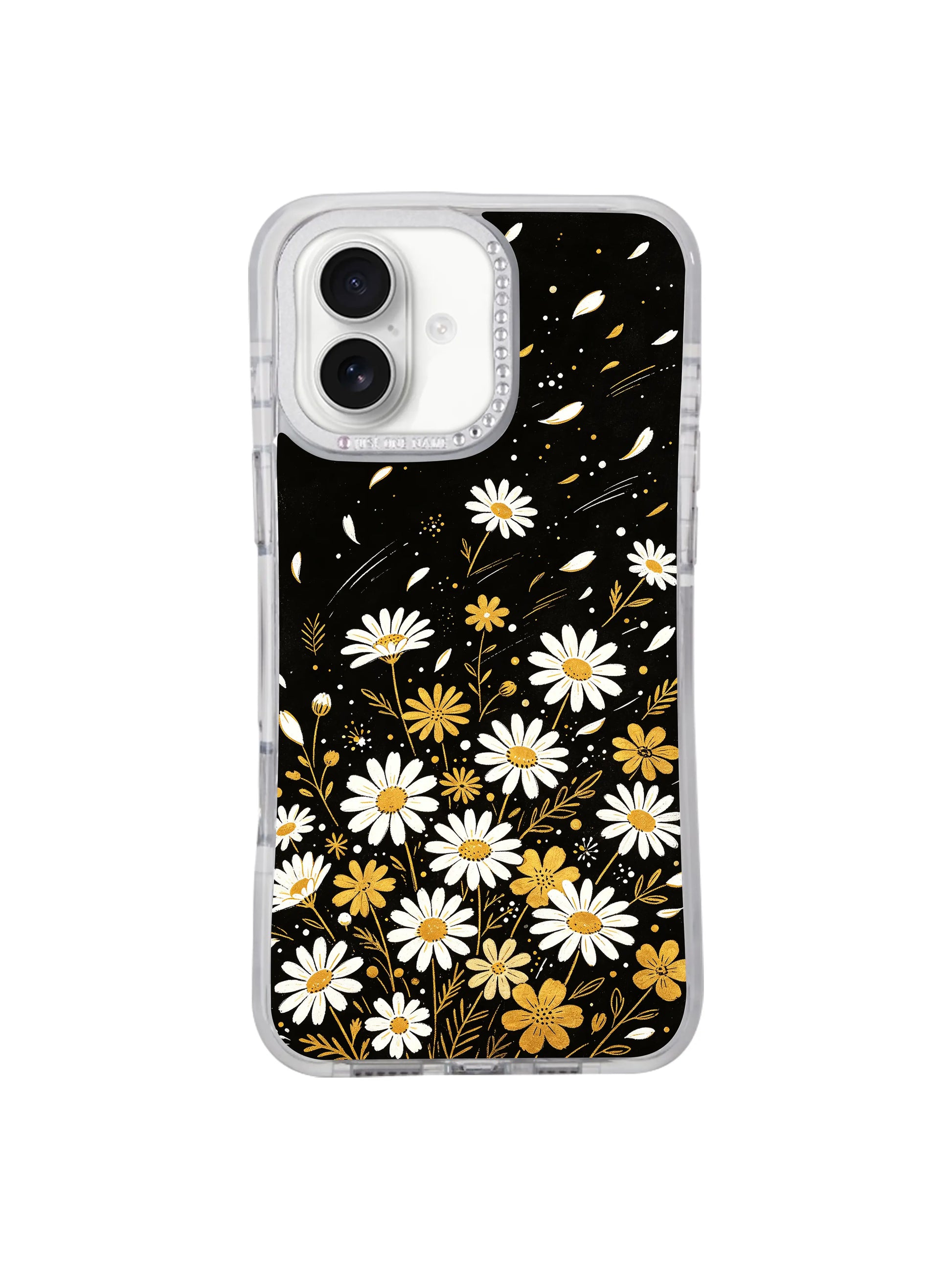 Pattern layout detail shot mixed large daisy blooms, tiny buds & drifting scattered petals Night Bloom Dots iPhone 17 casing, dynamic moody floral composition unique to PhoneCasing iPhone 17.