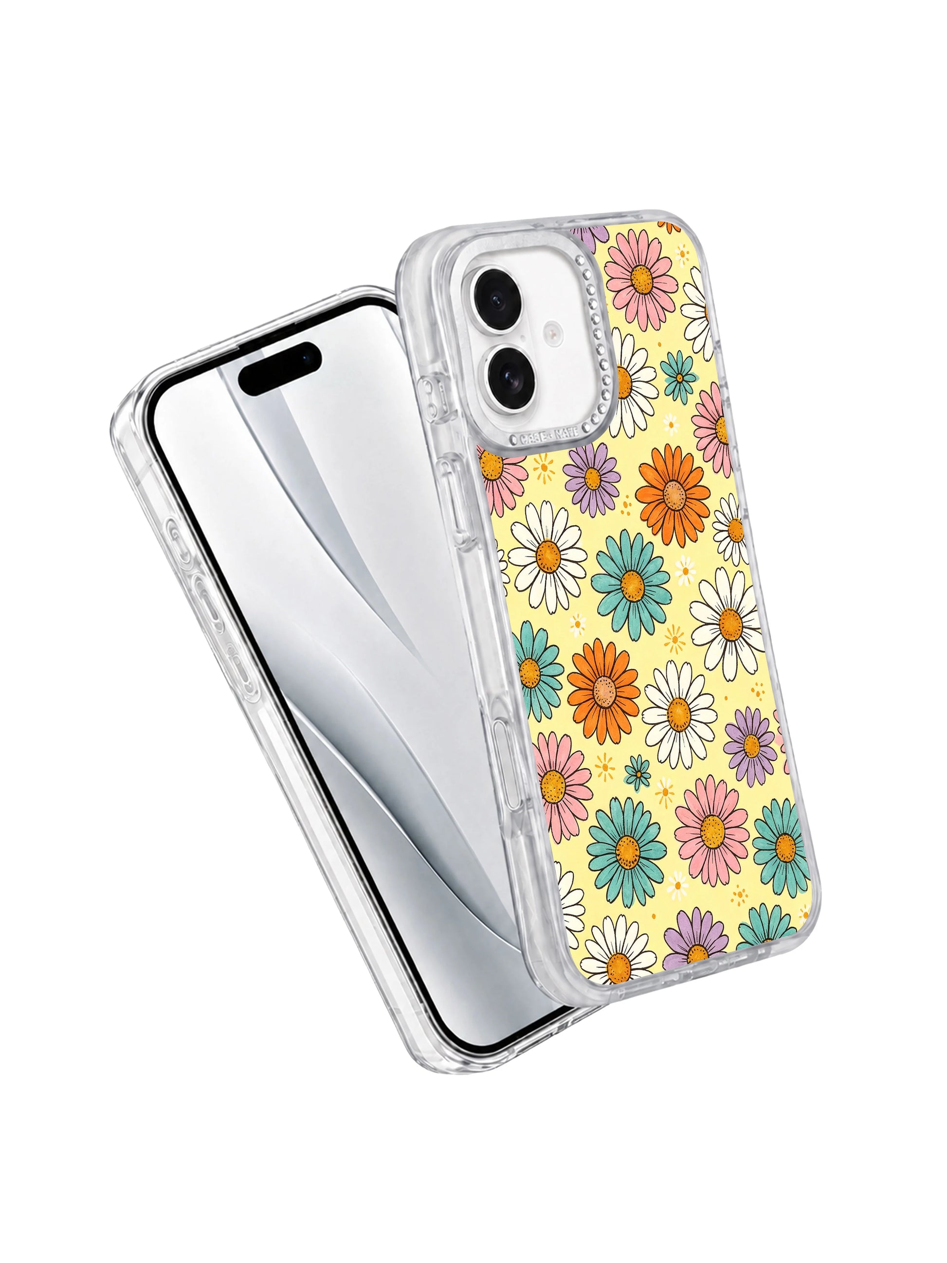 Full flat lay seamless scattered multicolor pastel daisy pattern iPhone 17 casing by PhoneCasing, alternating orange, pink, teal, white blooms joyful market fabric aesthetic lightweight cover built for iPhone 17.