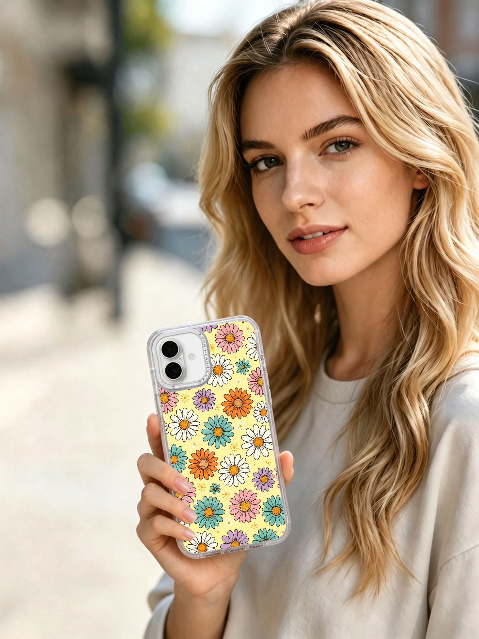 Pattern detail closeup mixed orange, blush pink, mint teal & ivory daisies against soft buttercream yellow Buttercream Color Bloom iPhone 17 casing, lively rhythmic spring style illustrated by Solea Meadow for PhoneCasing iPhone 17.