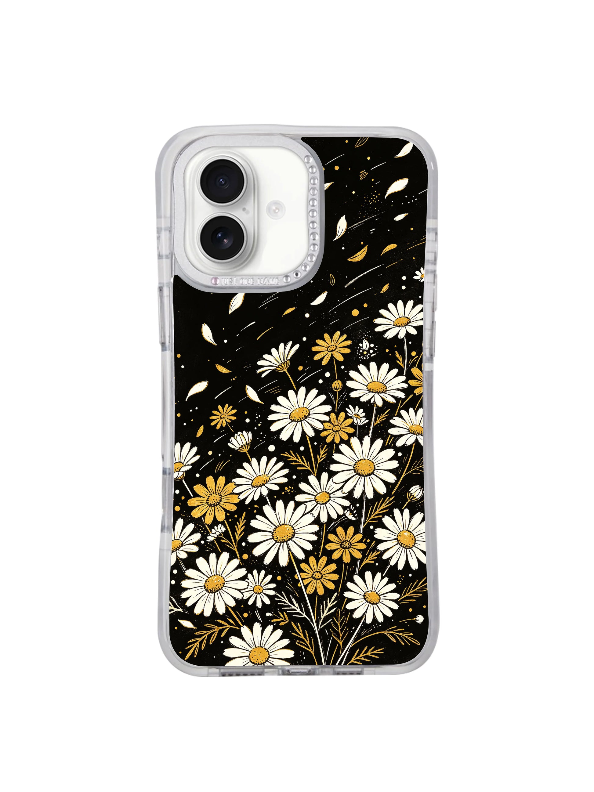 Night Bloom Dots moody floral iPhone 17 casing from PhoneCasing, free-form white daisies & golden speckle glimmers on solid black backdrop, original Solea Meadow cool mysterious artwork hero shot for iPhone 17.