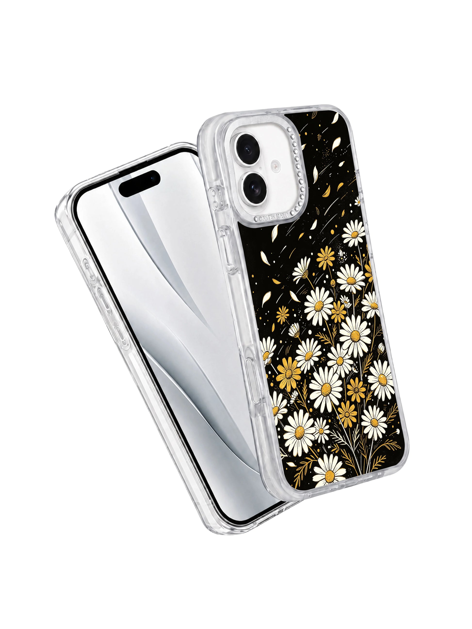 Full flat lay scattered falling petals night daisy bouquet pattern iPhone 17 casing by PhoneCasing, mixed large blooms & tiny budding flowers edgy chic aesthetic built for iPhone 17.