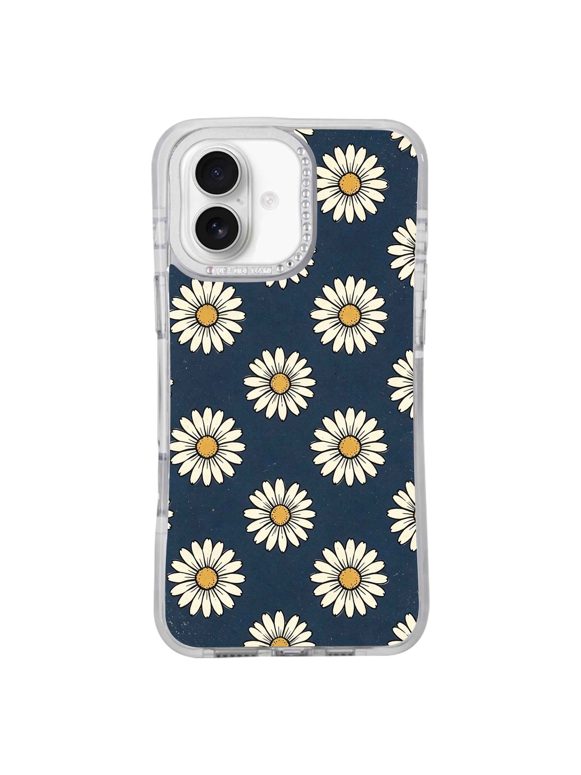 Elegant gift-ready office-appropriate Retro Navy Daisy Wallpaper iPhone 17 casing, quiet dependable vintage floral aesthetic premium PhoneCasing protective shell for iPhone 17.