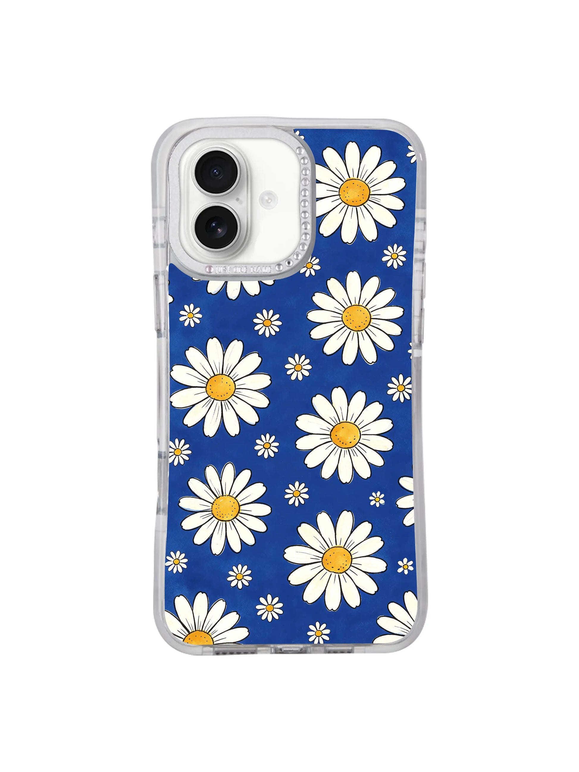 Street lifestyle handheld model shot Blue Big Small Daisy Rhythm iPhone 17 casing from PhoneCasing, confident carefree daisy women’s everyday accessory designed for all-day iPhone 17 carry.