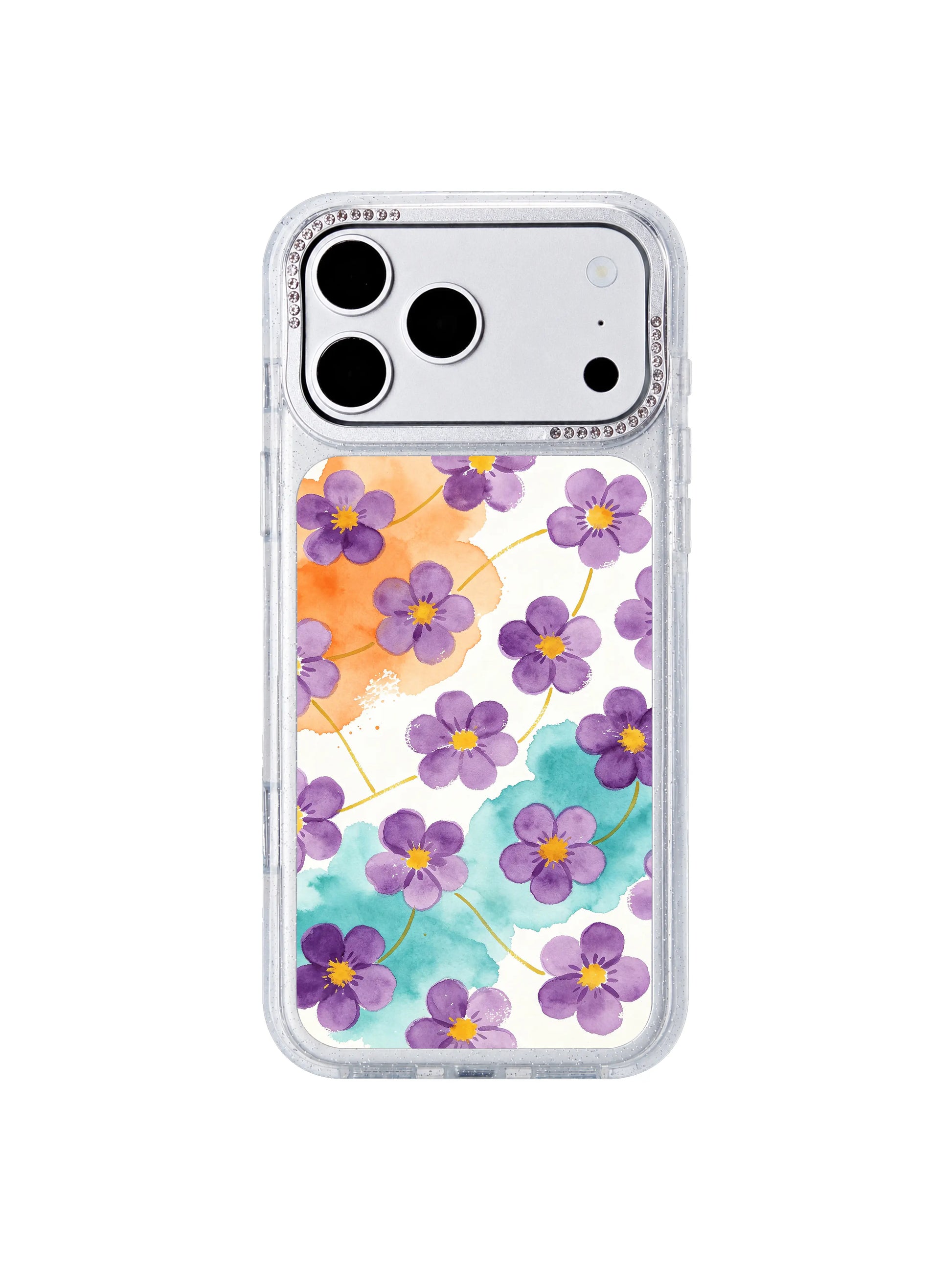 Aqua terrain bloom PhoneCasing iPhone 17 Pro Max casing, soft aqua green landscape with purple symbolic flowers and yellow centers