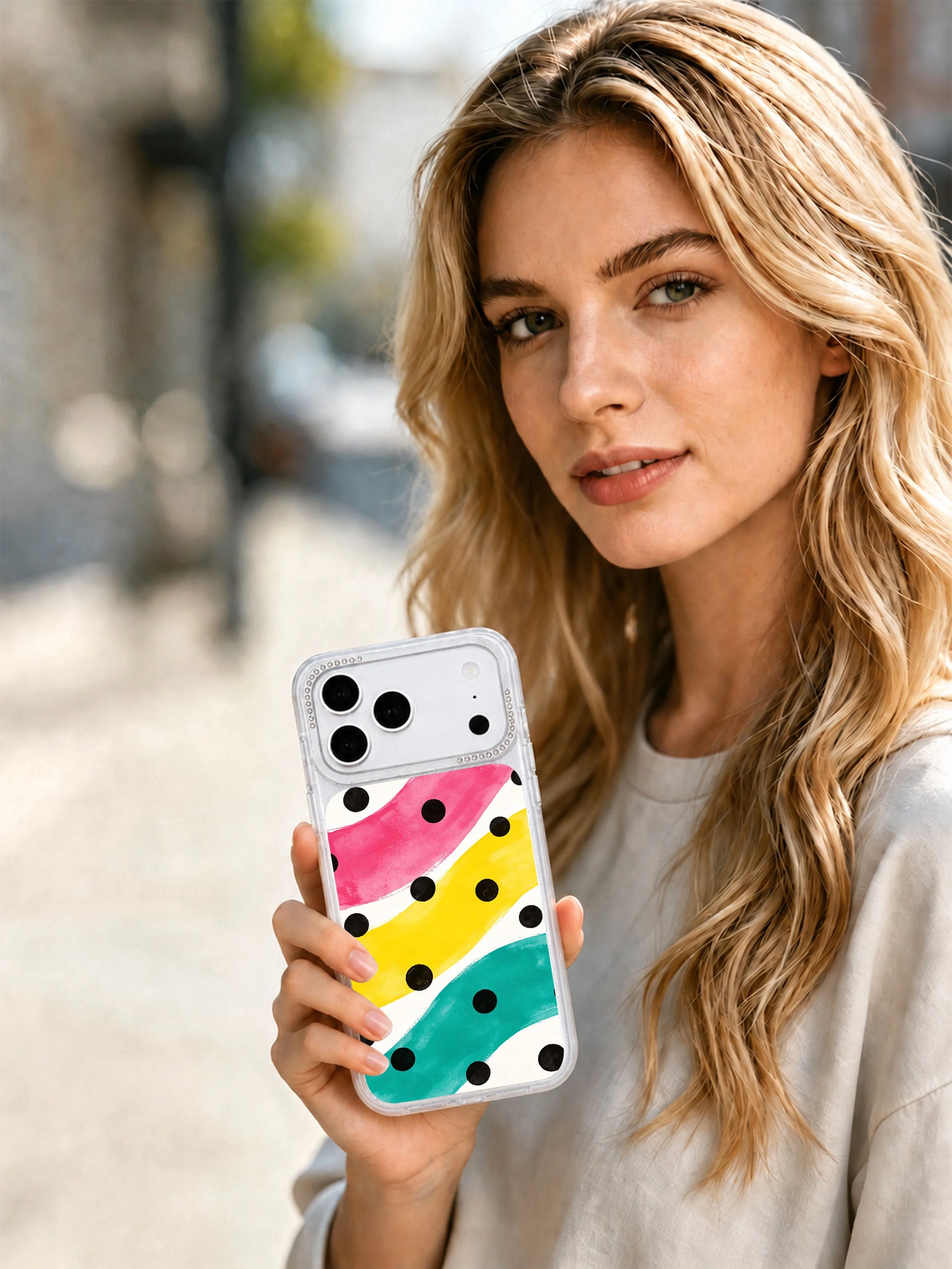 Bold dot cadence PhoneCasing iPhone 17 Pro Max casing, bold playful rhythm minimalist pop design cheerful premium original surface pattern