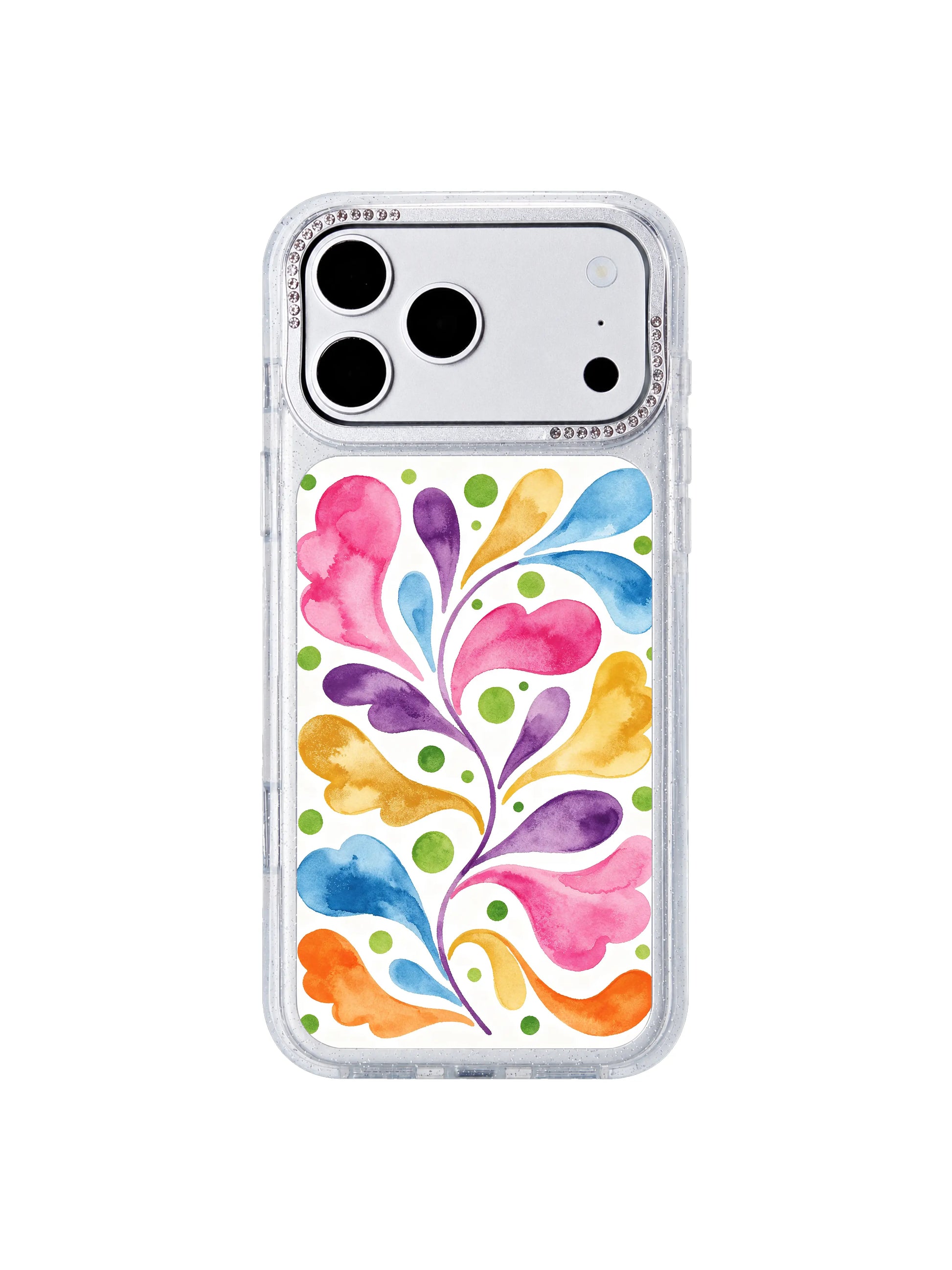 Bright cheerful garden art PhoneCasing iPhone 17 Pro Max casing with green polka dots and pink fluid terrain design
