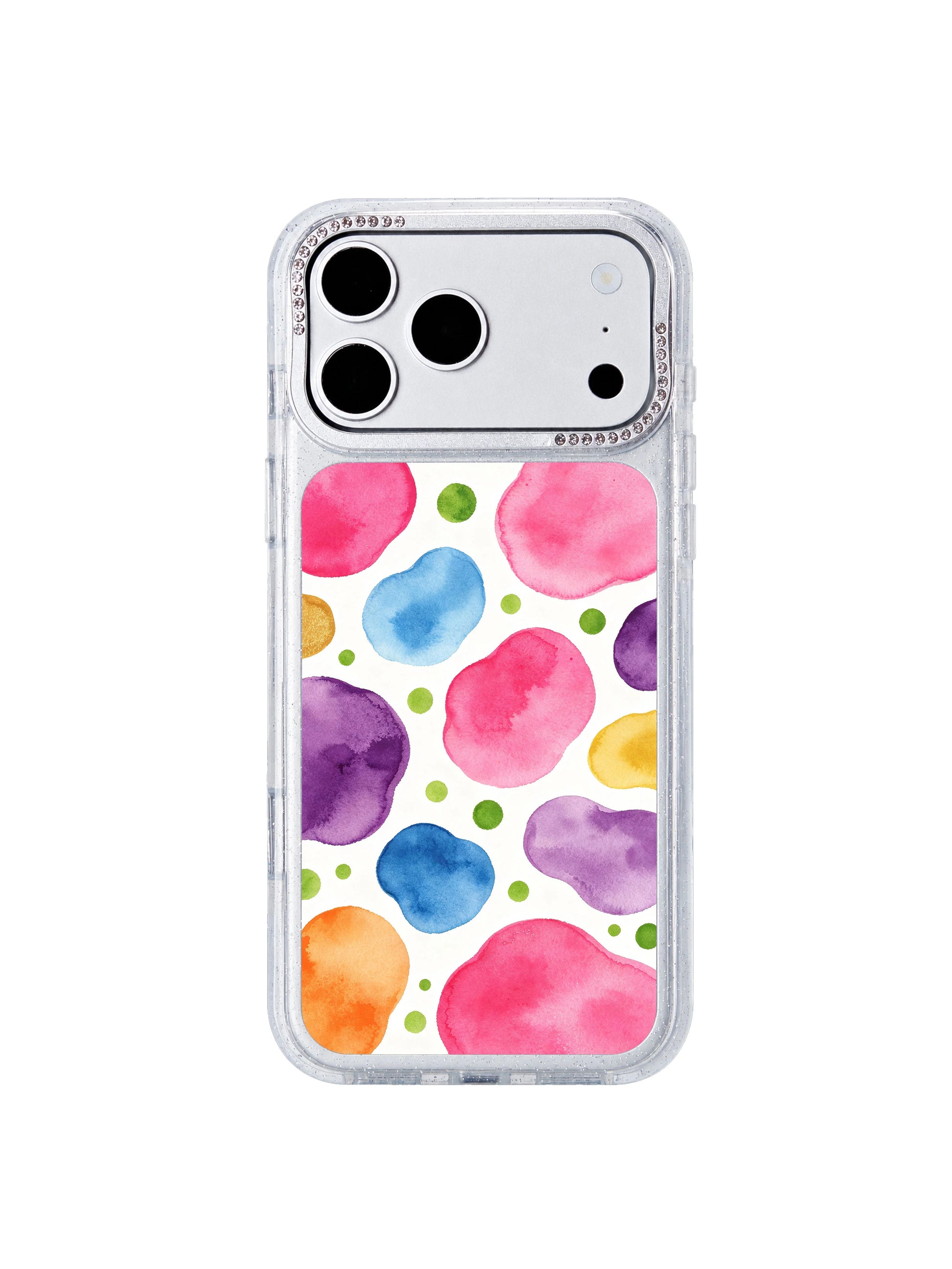 Candy neon polka dot garden PhoneCasing iPhone 17 Pro Max case with soft pink fluid and green dot patterns by artist Lila Marrow
