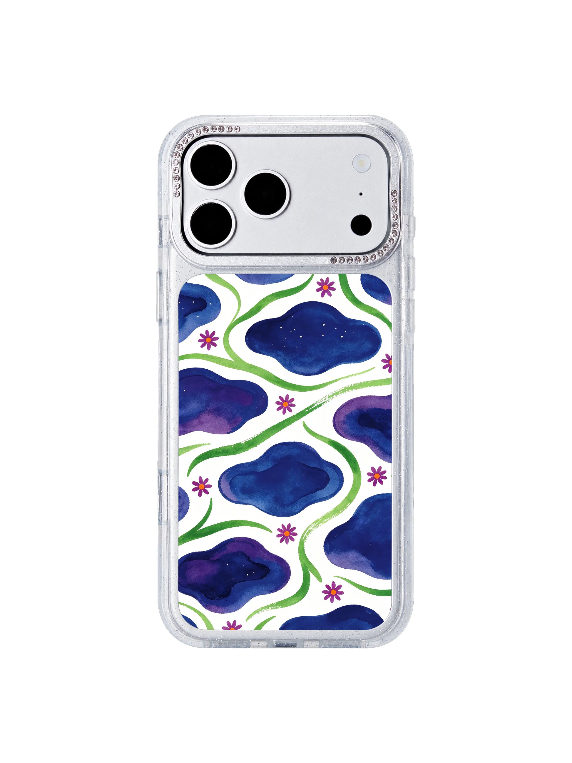 Celestial berry drift PhoneCasing iPhone 17 Pro Max case, floating berry flower forms drifting across starry violet night field
