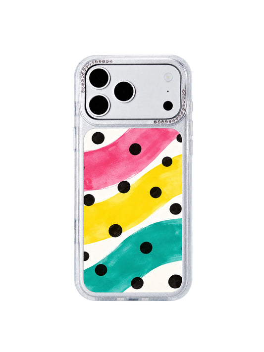 Cherry soda beat PhoneCasing iPhone 17 Pro Max case with large dark polka dots, magenta yellow cyan color bands bold pop art design by artist Lila Marrow