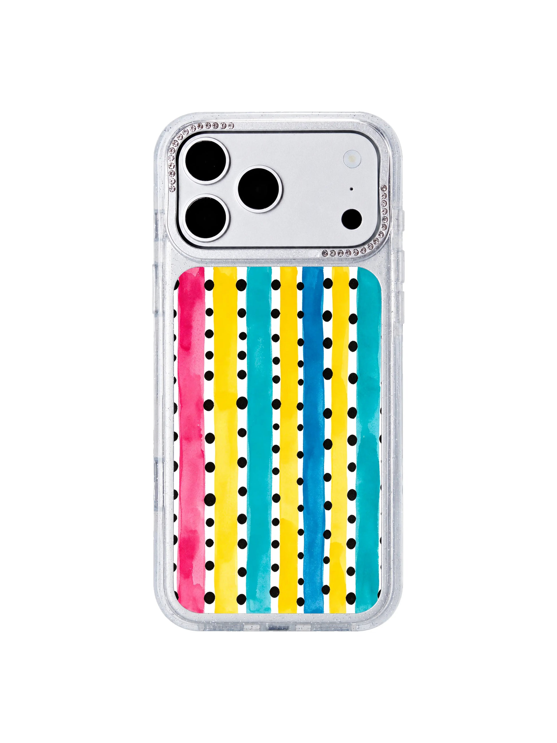 Clear beat haze PhoneCasing iPhone 17 Pro Max case, clear cyan band with bright yellow and magenta clean pop aesthetic