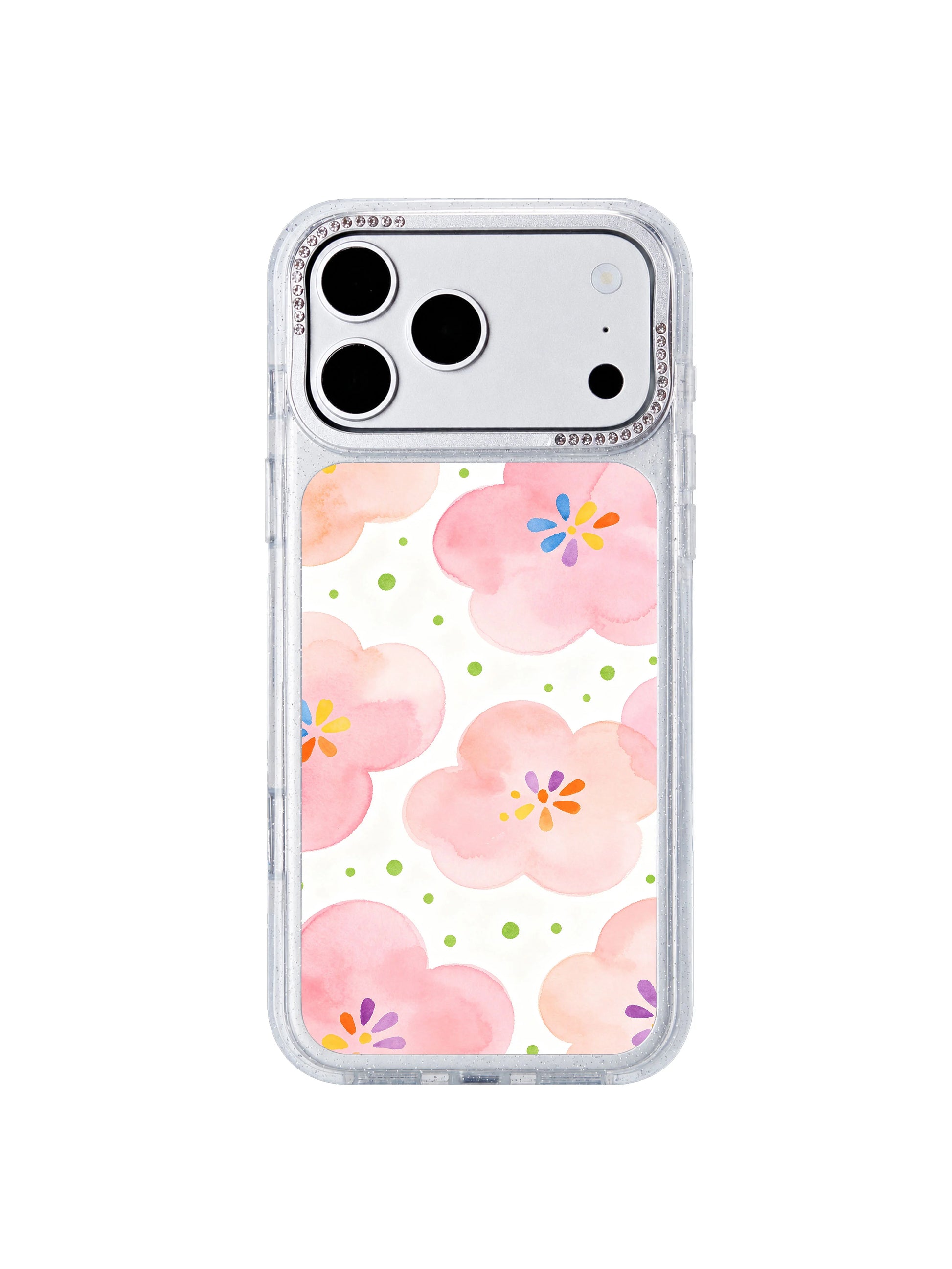 Cloud berry track experiment book PhoneCasing iPhone 17 Pro Max case with large magenta cloud blobs, mint oval dots, tiny blue specks and wavy trail stripes by artist Lila Marrow