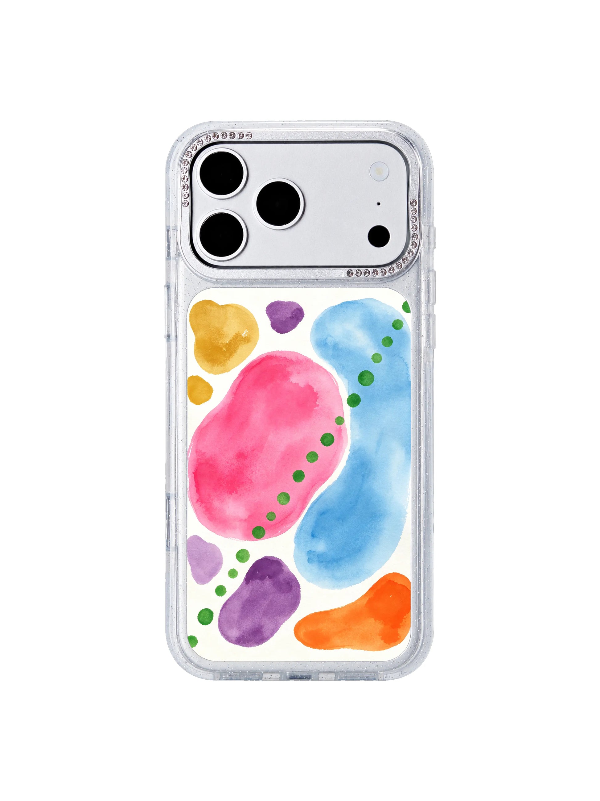 Dew fruit path PhoneCasing iPhone 17 Pro Max case, green polka dots like dewy fruit arranged evenly across soft pink orchard ground