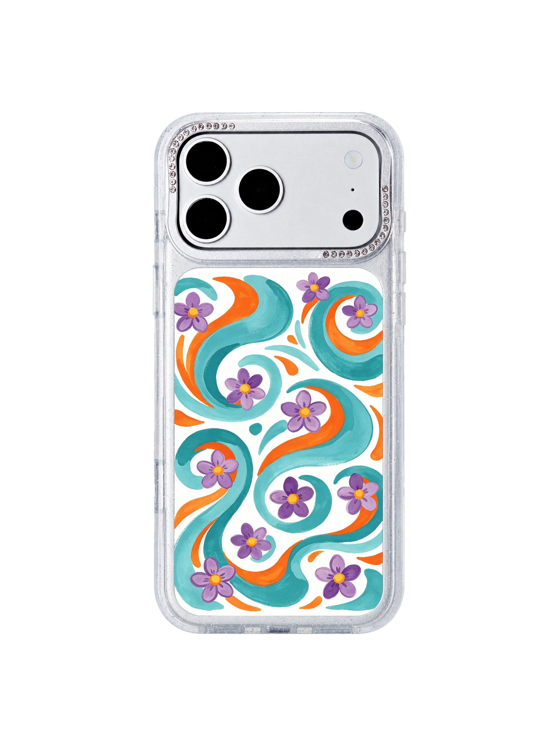 Ethereal floral surge PhoneCasing iPhone 17 Pro Max case, unrestricted wandering purple blooms floating across clear white negative space
