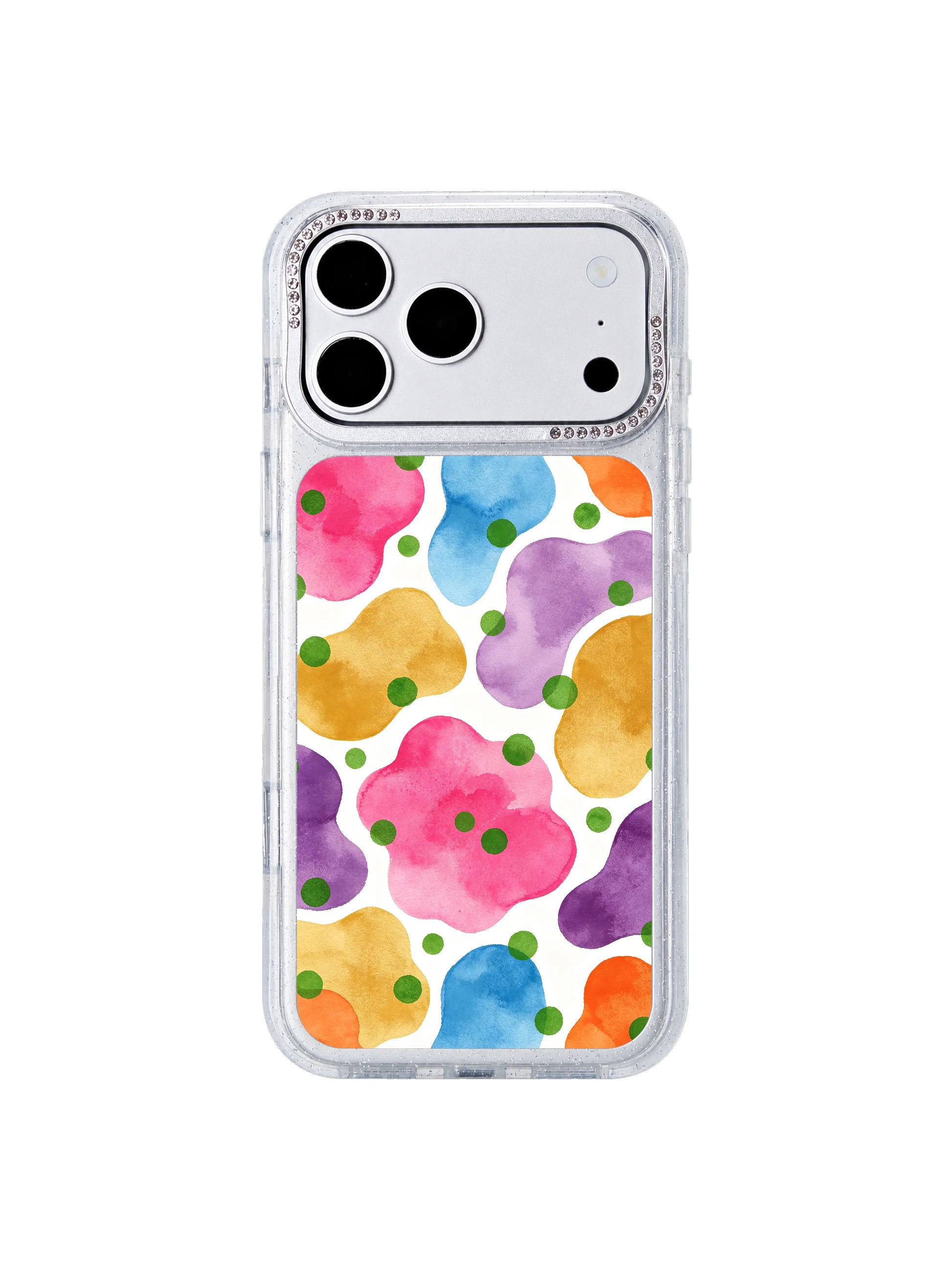 Feminine abstract garden PhoneCasing iPhone 17 Pro Max casing with soft pink flow and colorful dot islands art print