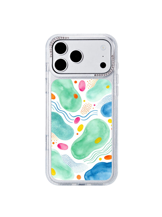 Floating color block memo PhoneCasing iPhone 17 Pro Max case with magenta emotion blocks, blue thinking zones, orange inspiration sparks and mint breathing strips by artist Lila Marrow
