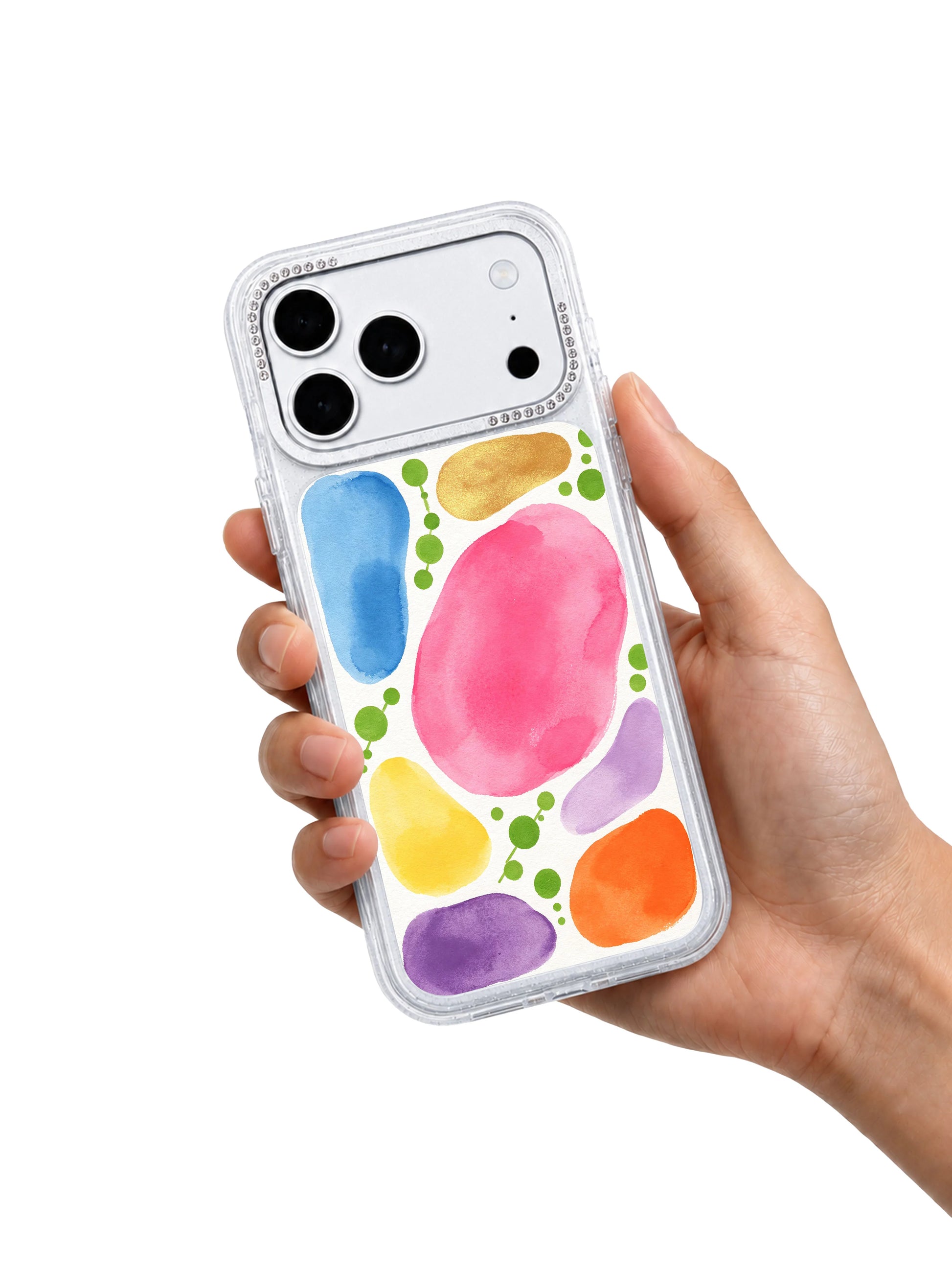 Fresh dot pulse PhoneCasing iPhone 17 Pro Max casing, evenly spaced fresh green polka dots crossing several shapes gentle joyful orchard feeling