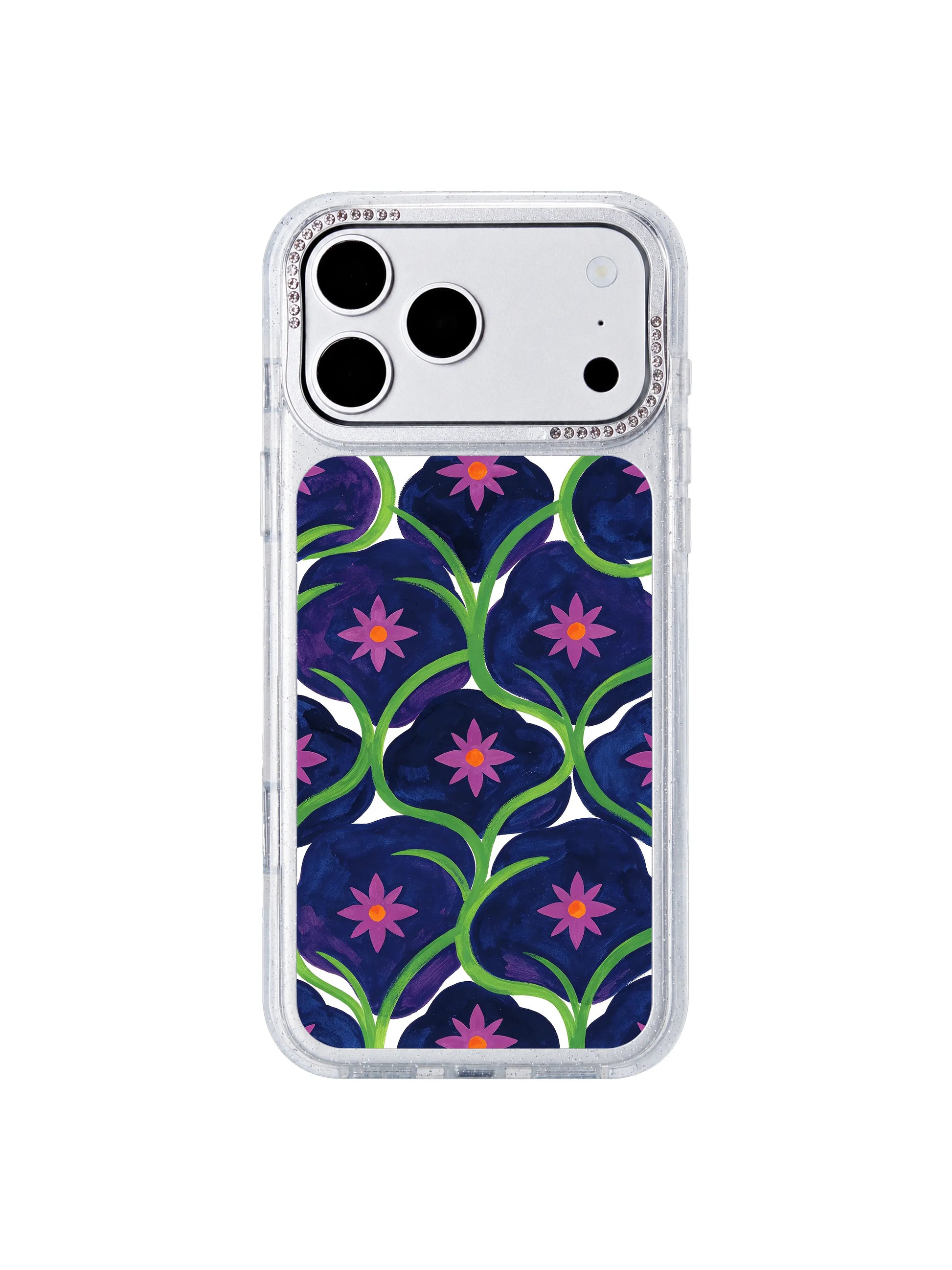 Glow berry drift PhoneCasing iPhone 17 Pro Max casing, warm orange center flowers floating across dark violet night field dreamy design