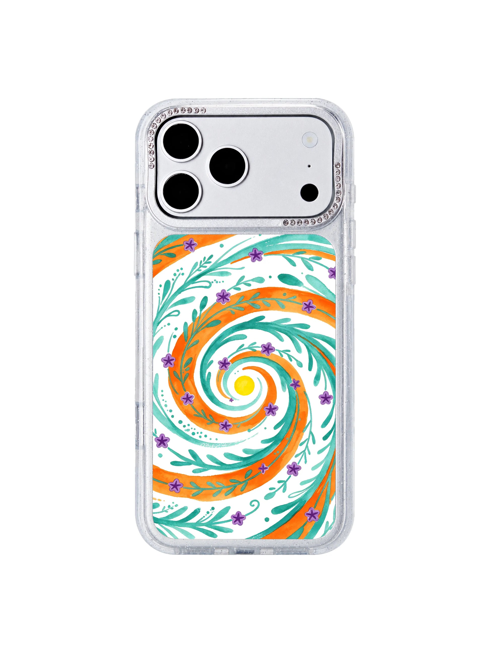 Golden tide symbol PhoneCasing iPhone 17 Pro Max case, warm orange light and turquoise tides with star flower symbols California crafted