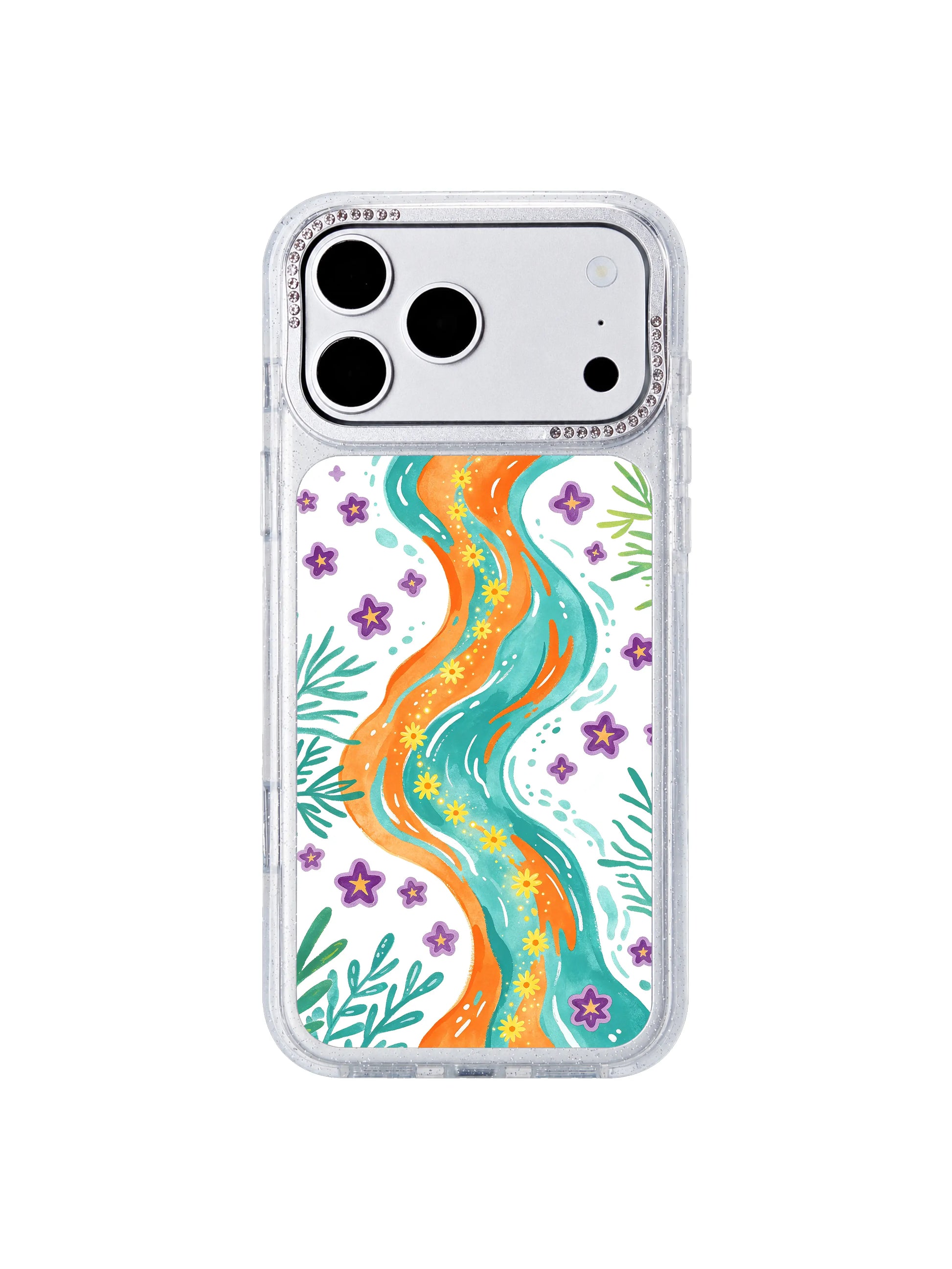 Hope star floral PhoneCasing iPhone 17 Pro Max case, uplifting star flower symbols across turquoise and orange tide landscape