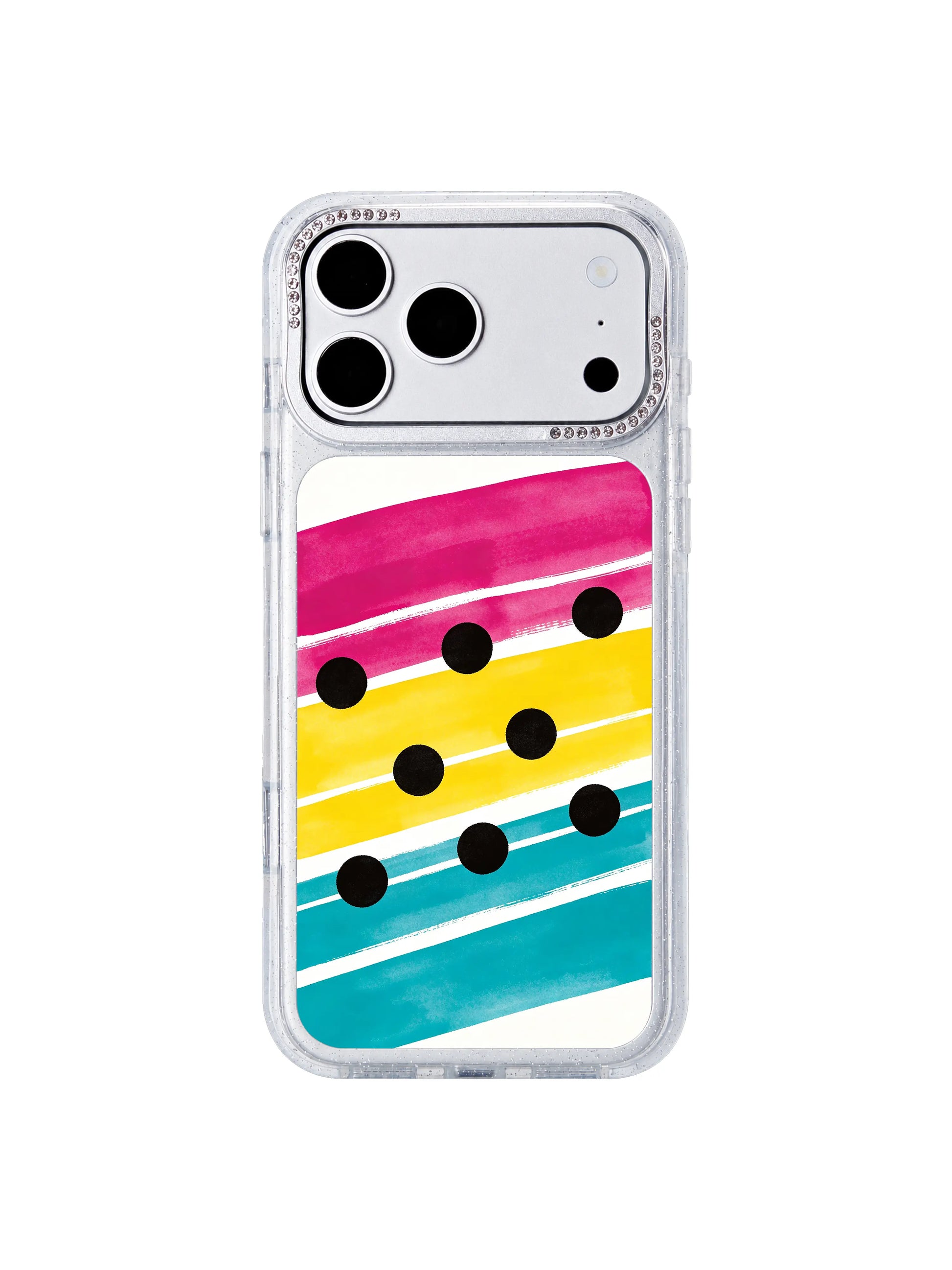 Joyful black dot PhoneCasing iPhone 17 Pro Max case featuring steady drumbeat dot pattern and parallel wide color bands