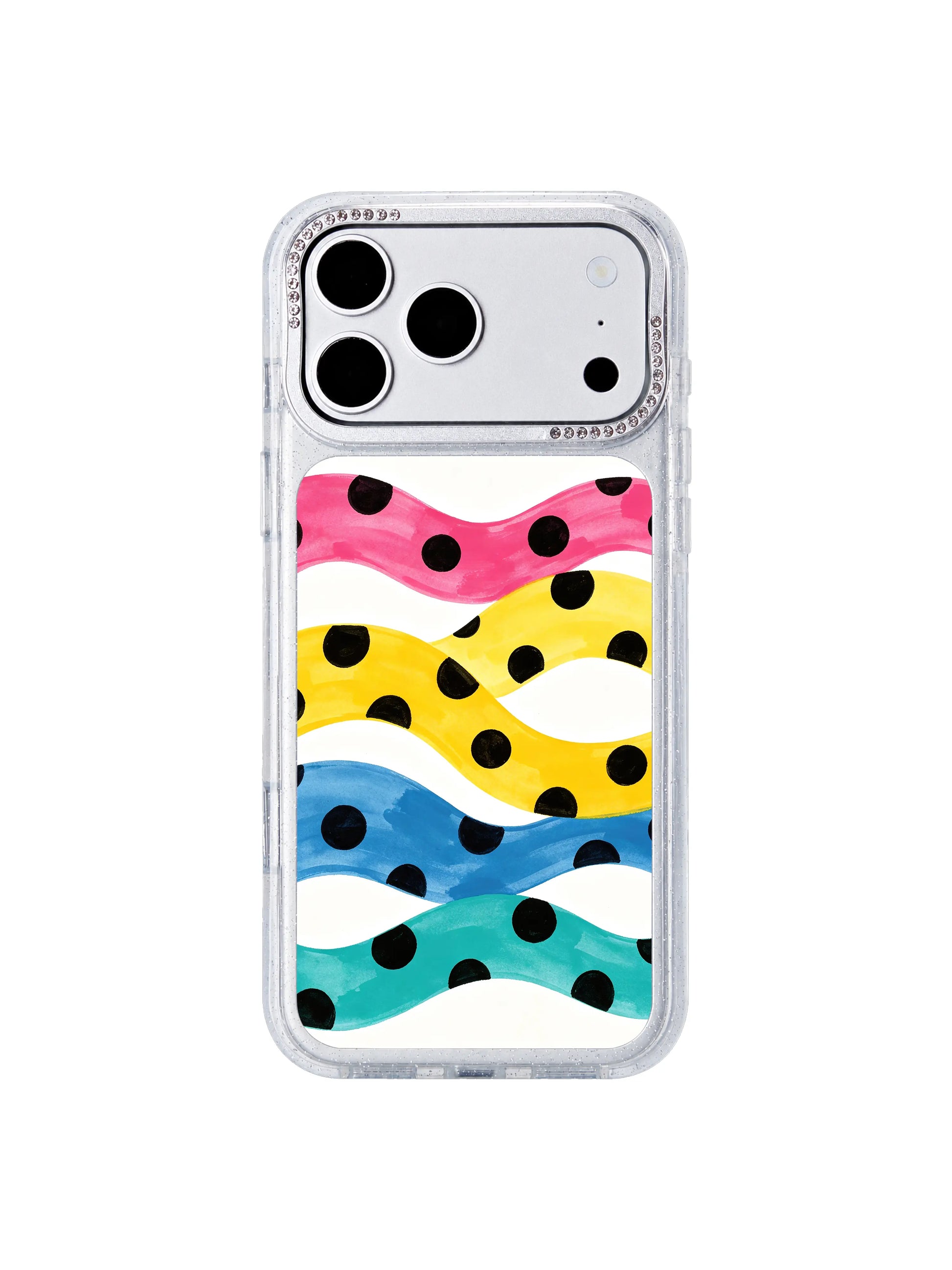 Metronome dot PhoneCasing iPhone 17 Pro Max casing, dots landing with metronome precision like perfectly timed soda bubbles