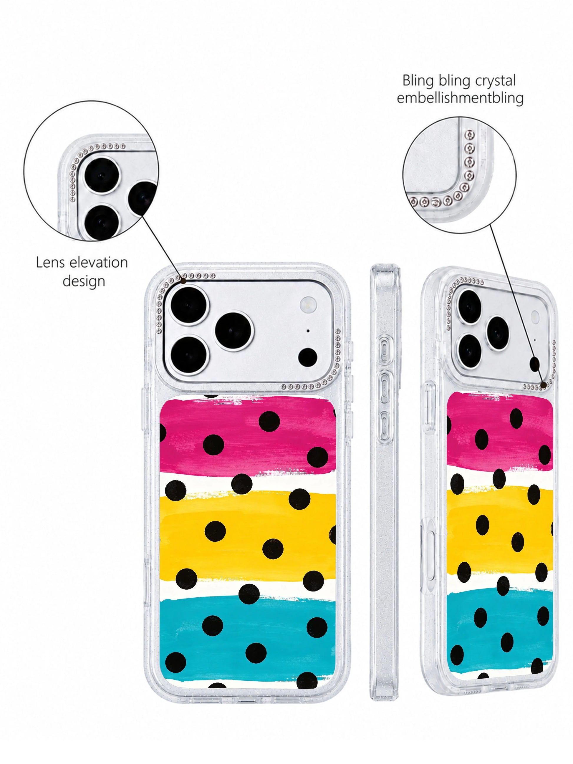 Minimal tricolor rhythm PhoneCasing iPhone 17 Pro Max case with clean white background and energetic dot accents by Lila Marrow