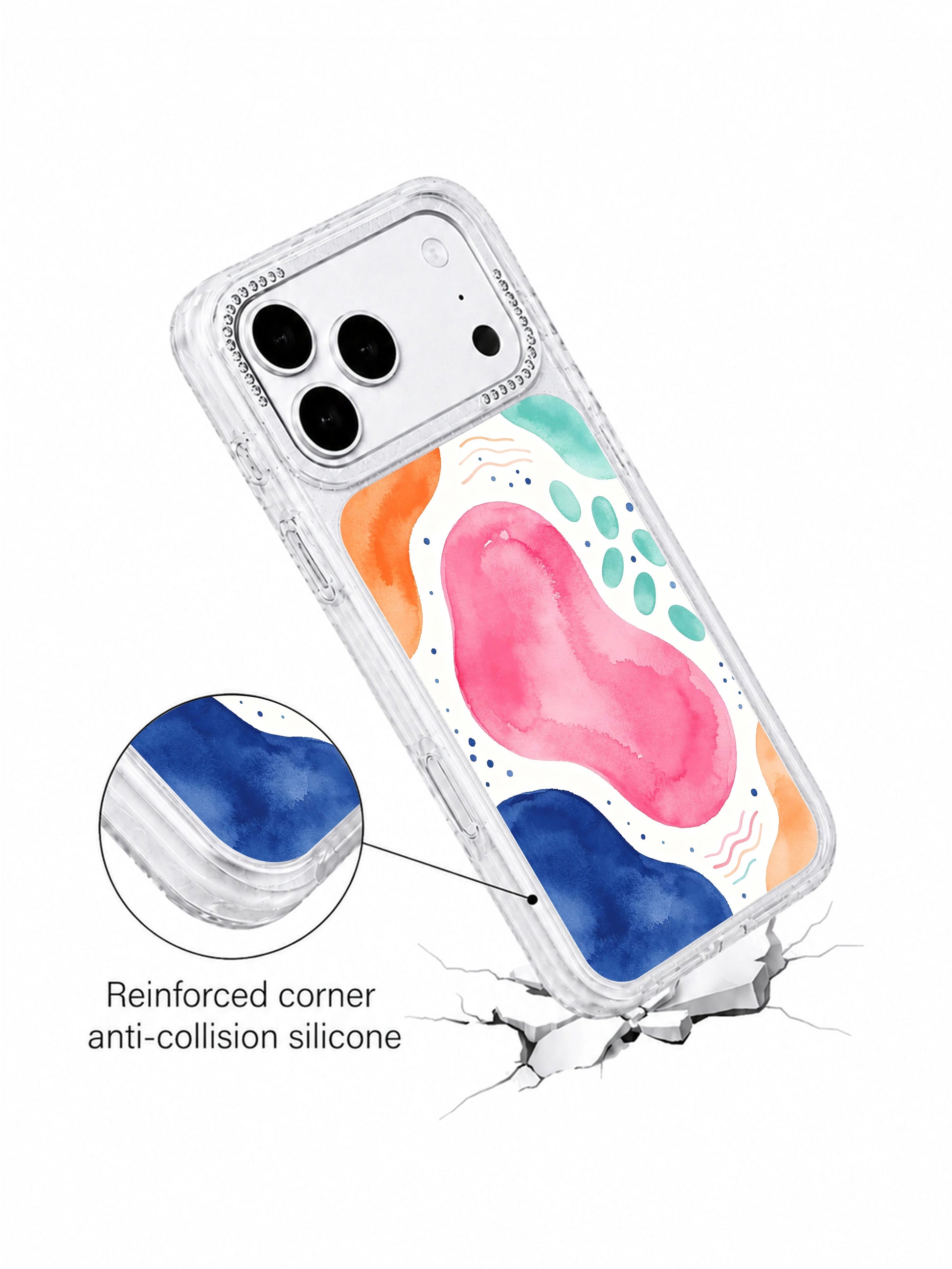 Mint dot pulse PhoneCasing iPhone 17 Pro Max casing with floating mint green oval dots and tiny blue speckles across white space