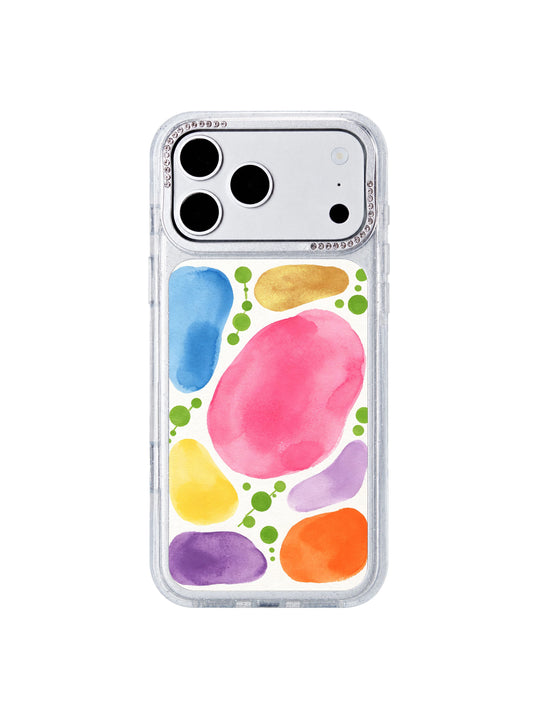 Morning light green dot orchard PhoneCasing iPhone 17 Pro Max case with soft pink orchard ground, blue golden support blobs and fresh green polka dots by artist Lila Marrow