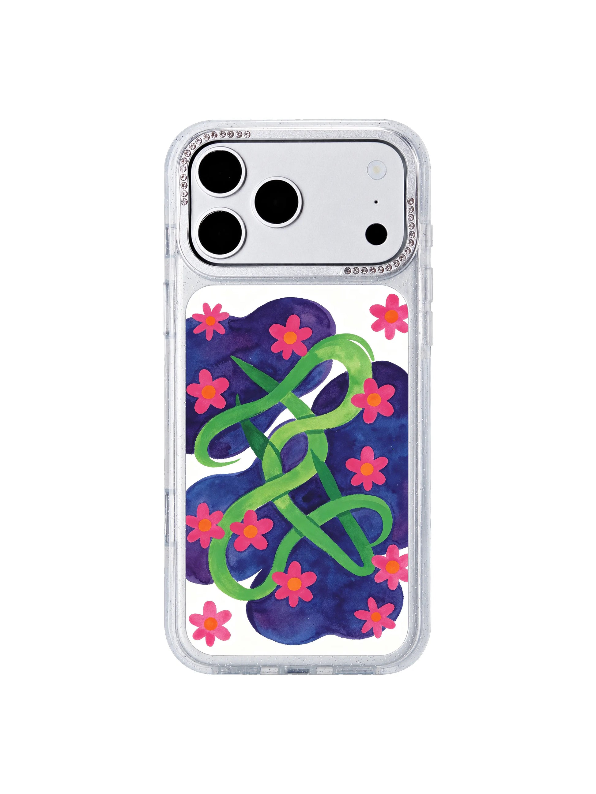 Mystic floral tide PhoneCasing iPhone 17 Pro Max casing, flowing vine-like repetition of magenta symbolic flowers with orange centers