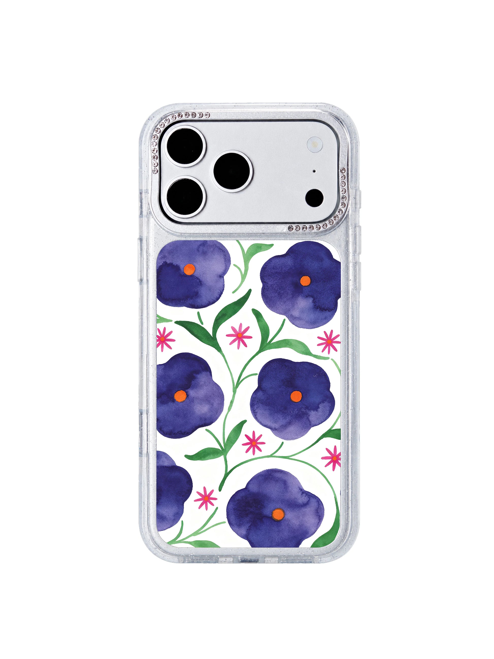 Night berry star flower field PhoneCasing iPhone 17 Pro Max case with deep violet night sky, bright green meadow shapes and glowing magenta orange center flowers by artist Lila Marrow