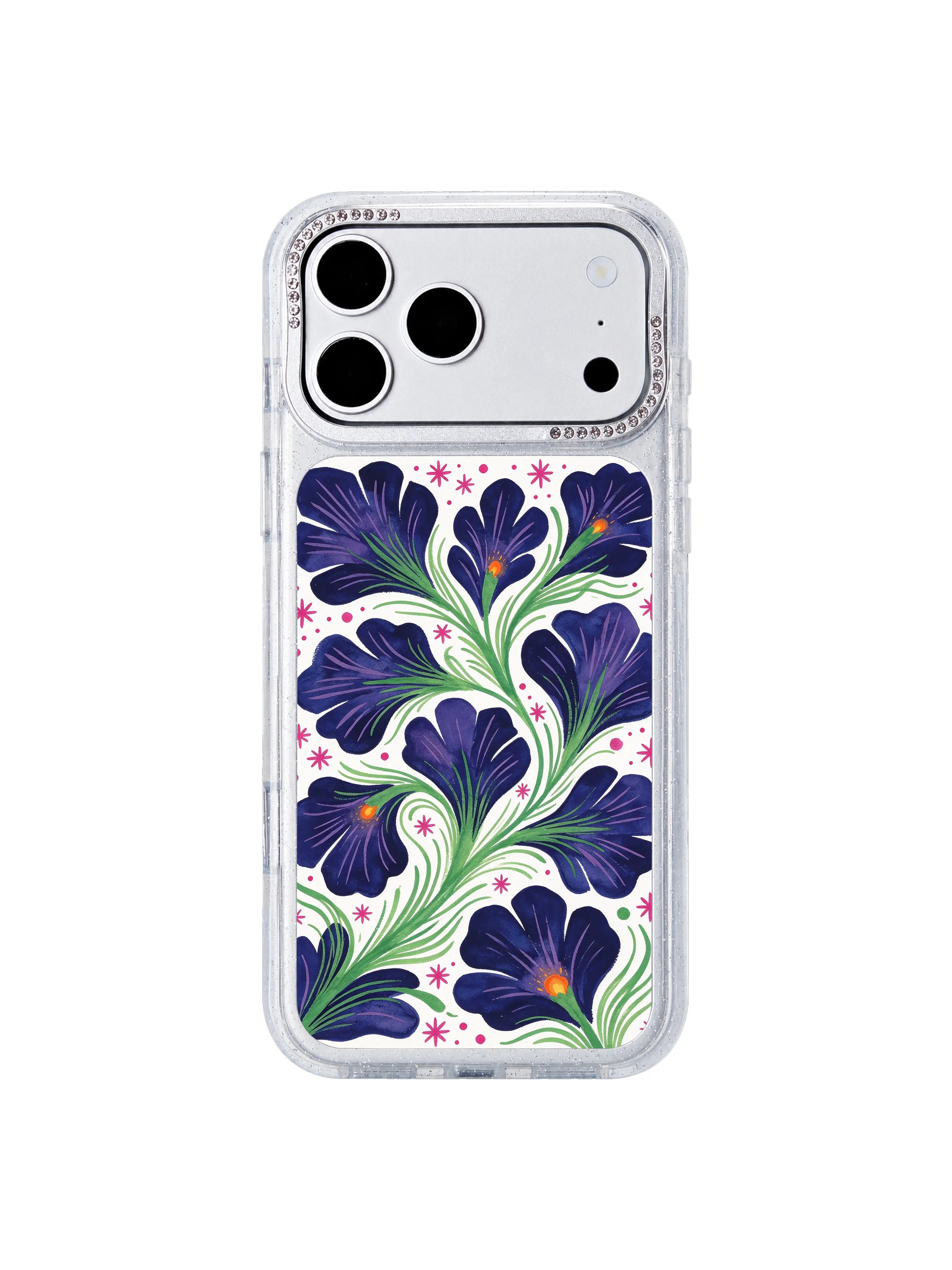 Night orange core PhoneCasing iPhone 17 Pro Max casing, tiny hidden flame flower centers glowing in dark violet night field