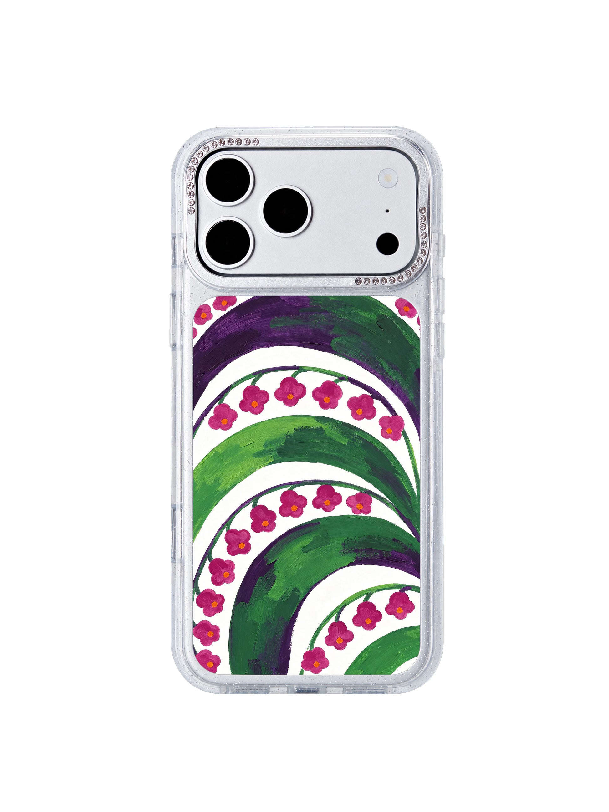 Night study garden code PhoneCasing iPhone 17 Pro Max case with deep violet library fields, green thought sprouts and glowing magenta orange secret flower codes by artist Lila Marrow