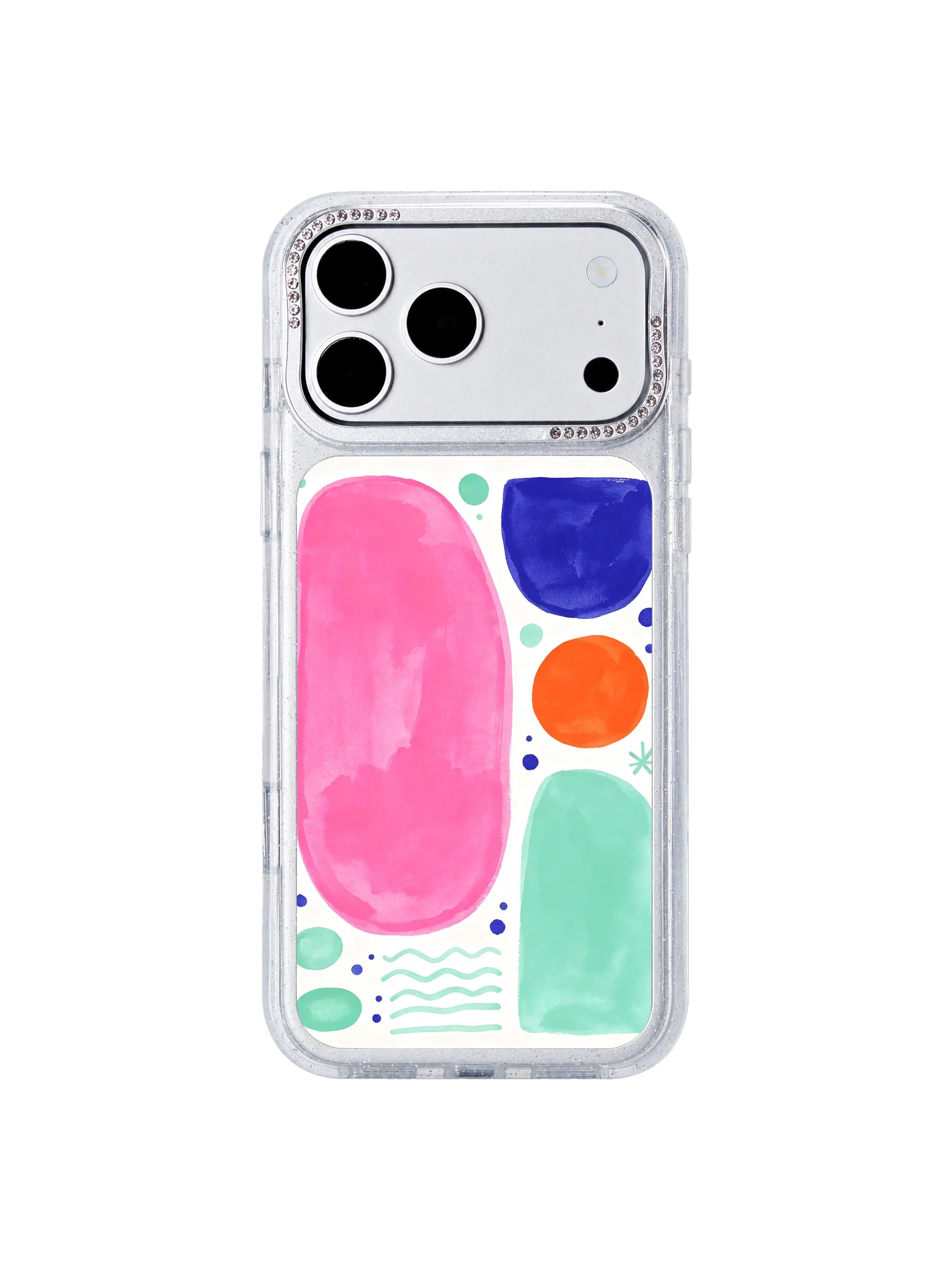 Oval dot drift PhoneCasing iPhone 17 Pro Max case, scattered mint green oval dots floating around the main pink cloud form