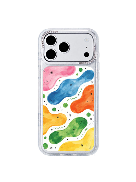 Paradise final floral map PhoneCasing iPhone 17 Pro Max case combining fluid color blobs, dot grids, star flowers and winding map trails by artist Lila Marrow