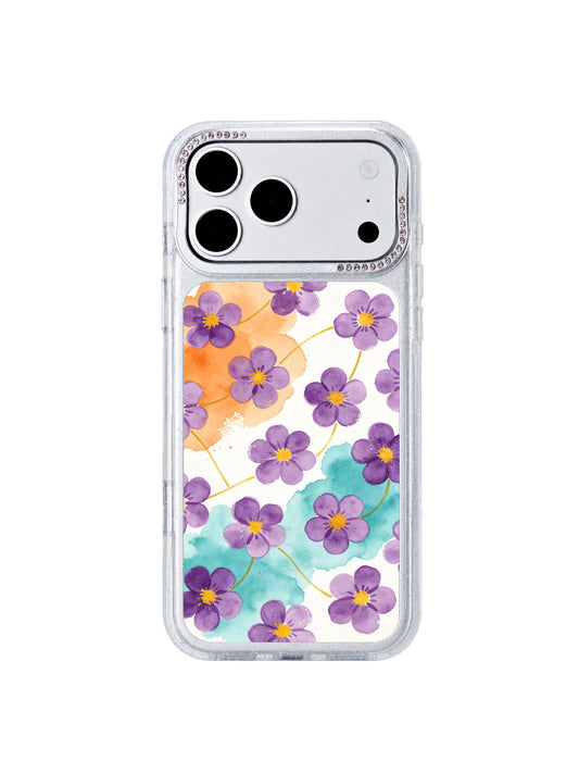 Peach river flower totem PhoneCasing iPhone 17 Pro Max case with warm orange river channels, aqua green terrain and purple totem flowers by artist Lila Marrow
