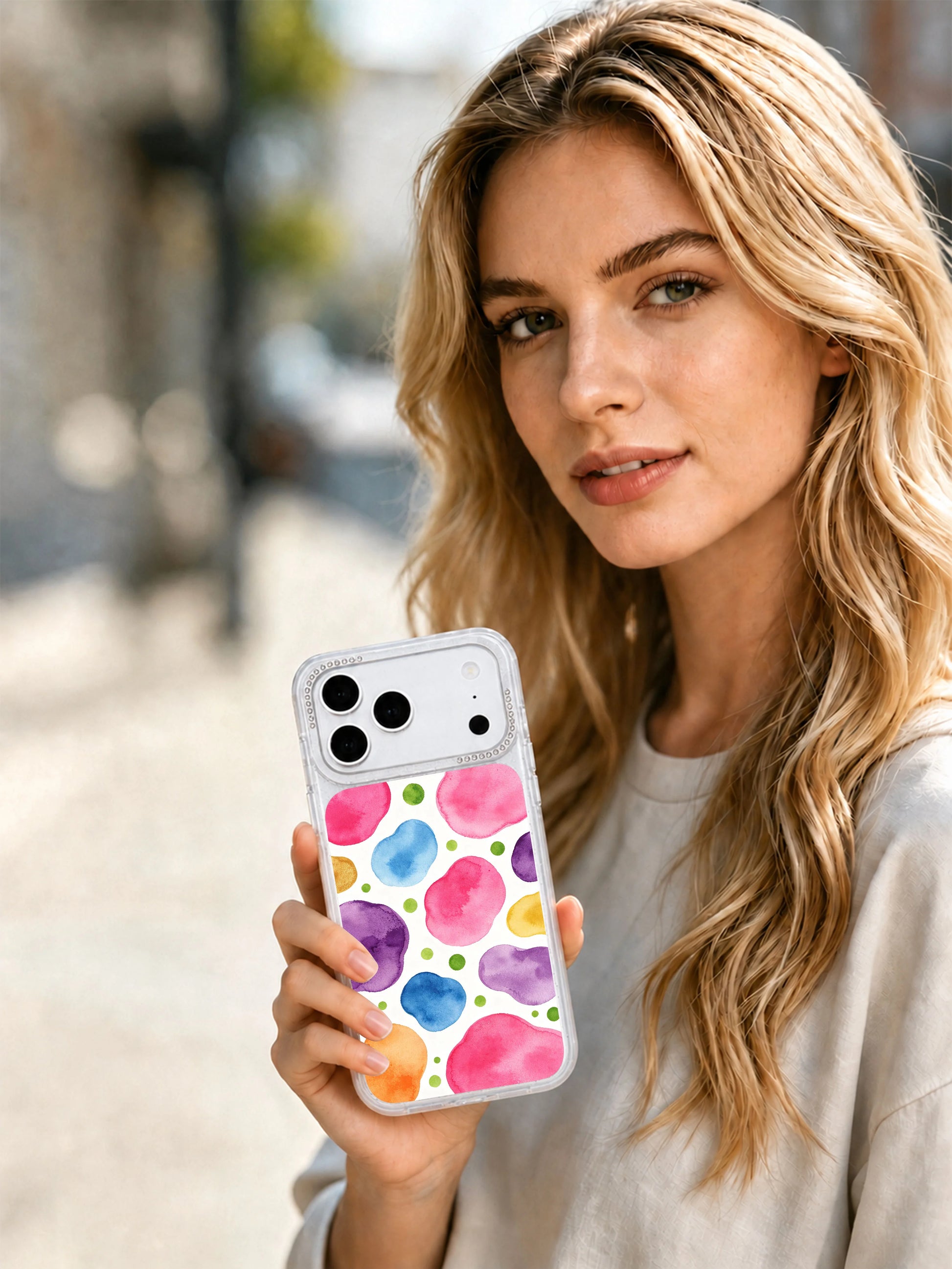 Playful polka dot garden PhoneCasing iPhone 17 Pro Max case with candy-colored fluid landscape premium art print