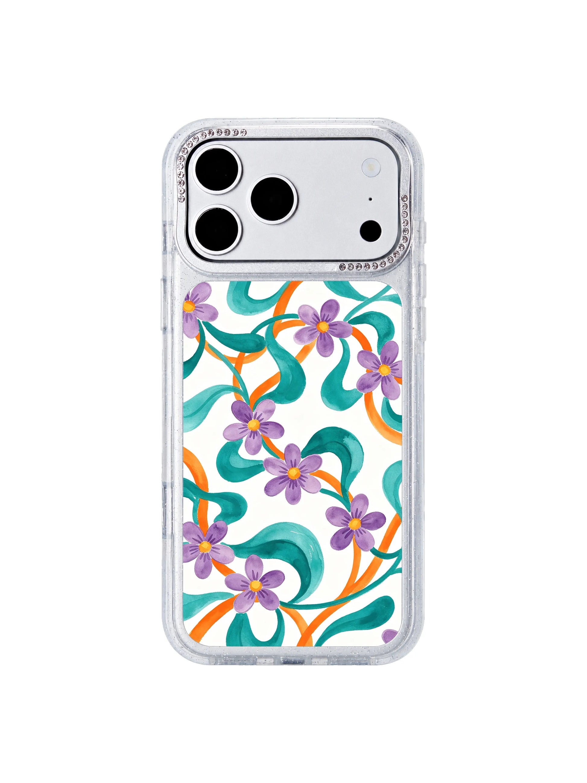 Quiet expansive bloom PhoneCasing iPhone 17 Pro Max case with flowing teal tide shapes and warm orange heat ripples feminine floral design