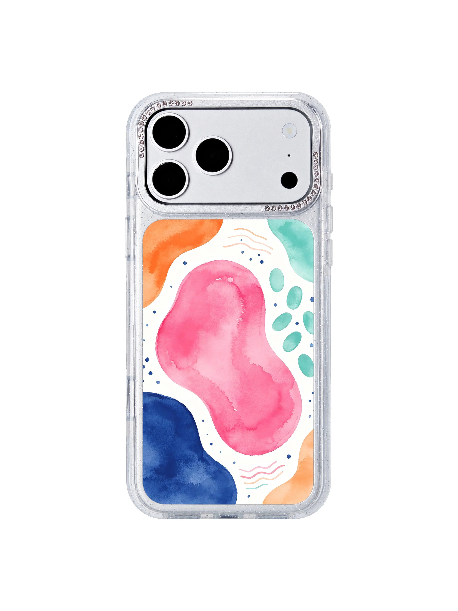 Scattered mark bloom PhoneCasing iPhone 17 Pro Max case, cobalt blue block area with orange and mint supporting shape fields