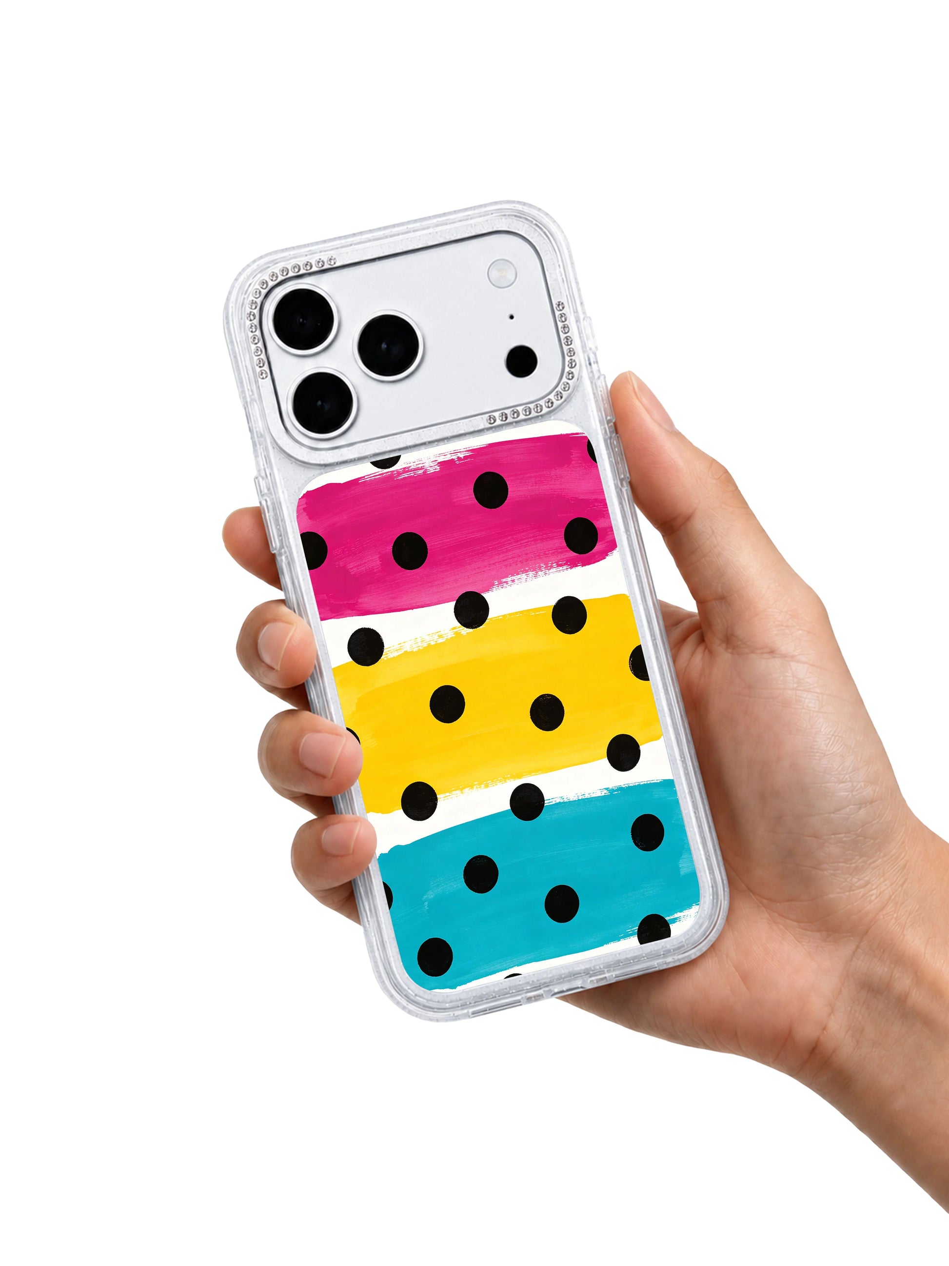 Solid black pulse PhoneCasing iPhone 17 Pro Max casing featuring joyful bold color block march wearable fine art print