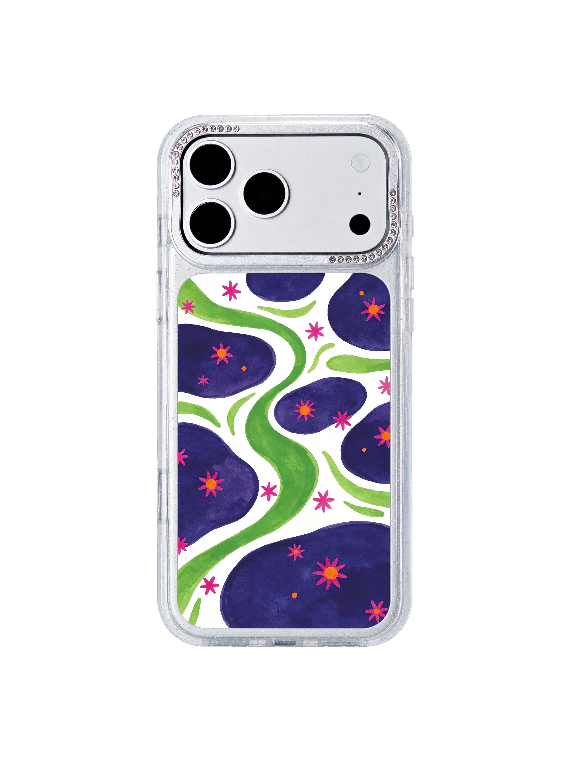 Starry bloom void PhoneCasing iPhone 17 Pro Max case with clean white negative space accents and deep violet floral organic shapes