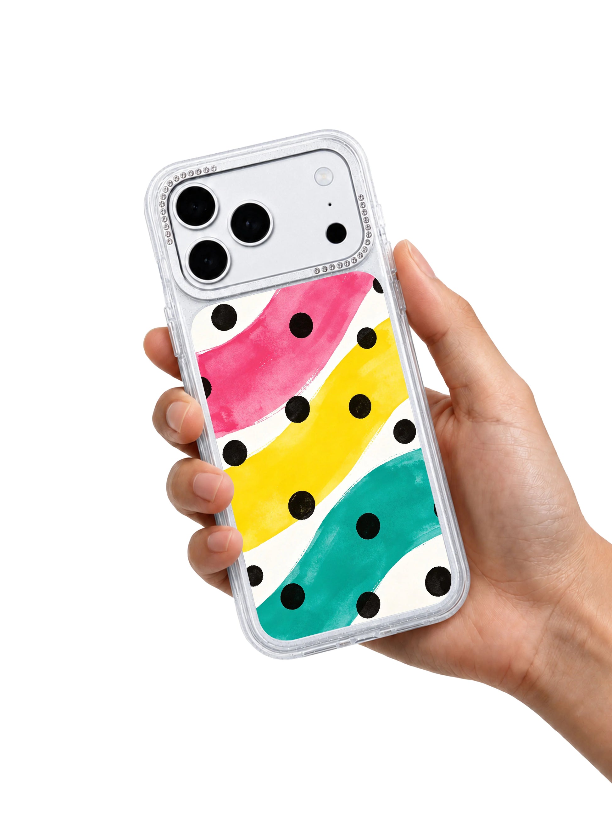 Steady beat void PhoneCasing iPhone 17 Pro Max case, clean white negative space between color bands and dots airy pop aesthetic